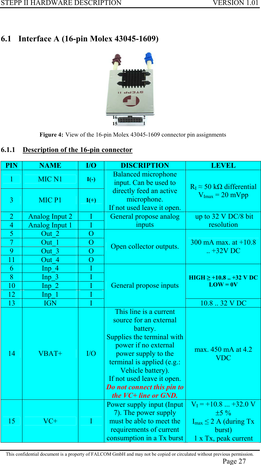 STEPP II HARDWARE DESCRIPTION VERSION 1.01  6.1  Interface A (16-pin Molex 43045-1609)  Figure 4: View of the 16-pin Molex 43045-1609 connector pin assignments 6.1.1  Description of the 16-pin connector PIN  NAME  I/O  DISCRIPTION  LEVEL 1  MIC N1  I(-) 3  MIC P1  I(+) Balanced microphone input. Can be used to directly feed an active microphone. If not used leave it open. RI  50 k differential VImax = 20 mVpp 2  Analog Input 2  I 4  Analog Input 1  I General propose analog inputs  up to 32 V DC/8 bit resolution 5  Out_2  O 7  Out_1  O 9  Out_3  O 11  Out_4  O Open collector outputs.  300 mA max. at +10.8 .. +32V DC 6  Inp_4  I 8  Inp_3  I 10  Inp_2  I 12  Inp_1  I HIGH ≥ +10.8 .. +32 V DCLOW = 0V 13  IGN  I General propose inputs 10.8 .. 32 V DC 14  VBAT+  I/O This line is a current source for an external battery. Supplies the terminal with power if no external power supply to the terminal is applied (e.g.: Vehicle battery). If not used leave it open. Do not connect this pin to the VC+ line or GND. max. 450 mA at 4.2 VDC 15  VC+   I Power supply input (Input 7). The power supply must be able to meet the requirements of current consumption in a Tx burst VI = +10.8 ... +32.0 V ±5 %  Imax  2 A (during Tx burst) 1 x Tx, peak current This confidential document is a property of FALCOM GmbH and may not be copied or circulated without previous permission. Page 27 