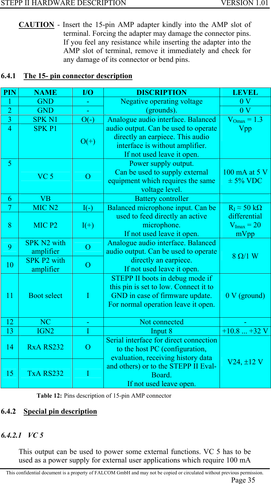 STEPP II HARDWARE DESCRIPTION VERSION 1.01 CAUTION - Insert the 15-pin AMP adapter kindly into the AMP slot of terminal. Forcing the adapter may damage the connector pins. If you feel any resistance while inserting the adapter into the AMP slot of terminal, remove it immediately and check for any damage of its connector or bend pins. 6.4.1  The 15- pin connector description PIN  NAME  I/O  DISCRIPTION  LEVEL 1  GND  -  0 V 2  GND  - Negative operating voltage (grounds).  0 V 3  SPK N1  O(-) 4  SPK P1 O(+) Analogue audio interface. Balanced audio output. Can be used to operate directly an earpiece. This audio interface is without amplifier. If not used leave it open. VOmax = 1.3 Vpp  5 VC 5  O Power supply output. Can be used to supply external equipment which requires the same voltage level. 100 mA at 5 V ± 5% VDC 6  VB   Battery controller   7  MIC N2  I(-) 8  MIC P2  I(+) Balanced microphone input. Can be used to feed directly an active microphone. If not used leave it open. RI  50 k differential VImax = 20 mVpp 9  SPK N2 with amplifier   O 10  SPK P2 with amplifier  O Analogue audio interface. Balanced audio output. Can be used to operate directly an earpiece. If not used leave it open. 8 Ω/1 W 11  Boot select   I STEPP II boots in debug mode if this pin is set to low. Connect it to GND in case of firmware update.  For normal operation leave it open.  0 V (ground) 12  NC  -  Not connected  -  13  IGN2  I  Input 8 +10.8 ... +32 V14  RxA RS232  O 15  TxA RS232  I Serial interface for direct connection to the host PC (configuration, evaluation, receiving history data and others) or to the STEPP II Eval-Board. If not used leave open. V24, ±12 V  Table 12: Pins description of 15-pin AMP connector 6.4.2  Special pin description 6.4.2.1 VC 5 This output can be used to power some external functions. VC 5 has to be used as a power supply for external user applications which require 100 mA This confidential document is a property of FALCOM GmbH and may not be copied or circulated without previous permission. Page 35 