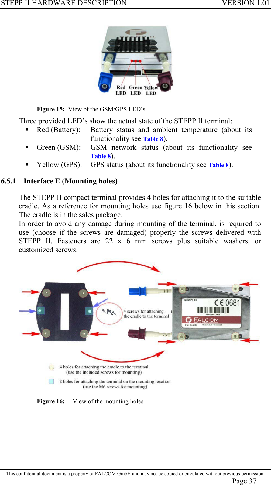 STEPP II HARDWARE DESCRIPTION VERSION 1.01  Figure 15:  View of the GSM/GPS LED’s Three provided LED’s show the actual state of the STEPP II terminal:  Red (Battery):   Battery status and ambient temperature (about its  functionality see Table 8).  Green (GSM):   GSM  network  status (about its functionality see  Table 8).  Yellow (GPS):   GPS status (about its functionality see Table 8). 6.5.1  Interface E (Mounting holes) The STEPP II compact terminal provides 4 holes for attaching it to the suitable cradle. As a reference for mounting holes use figure 16 below in this section. The cradle is in the sales package. In order to avoid any damage during mounting of the terminal, is required to use (choose if the screws are damaged) properly the screws delivered with STEPP II. Fasteners are 22 x 6 mm screws plus suitable washers, or customized screws.  Figure 16:  View of the mounting holes This confidential document is a property of FALCOM GmbH and may not be copied or circulated without previous permission. Page 37 