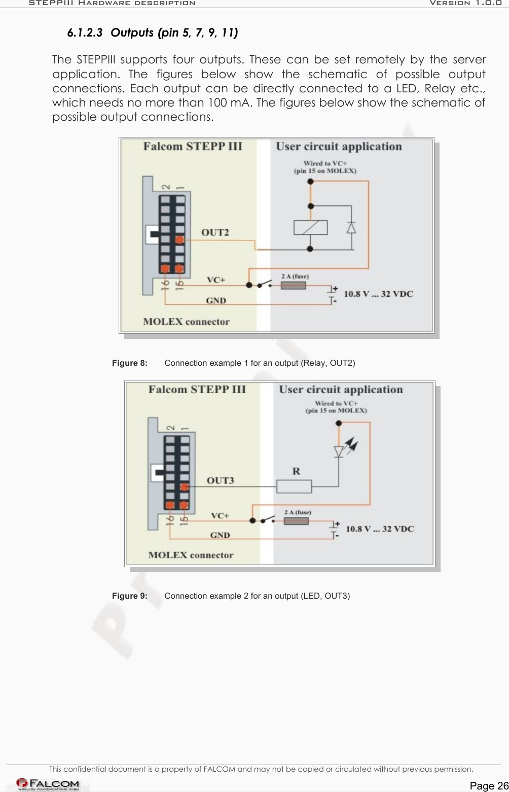 STEPPIII Hardware description Version 1.0.06.1.2.3 Outputs (pin 5, 7, 9, 11) The STEPPIII supports four outputs. These can be set remotely by the server application.   The   figures   below   show   the   schematic   of   possible   output connections.  Each output can be directly connected to a LED, Relay etc., which needs no more than 100 mA. The figures below show the schematic of possible output connections.Figure 8: Connection example 1 for an output (Relay, OUT2)Figure 9: Connection example 2 for an output (LED, OUT3)This confidential document is a property of FALCOM and may not be copied or circulated without previous permission.Page 26