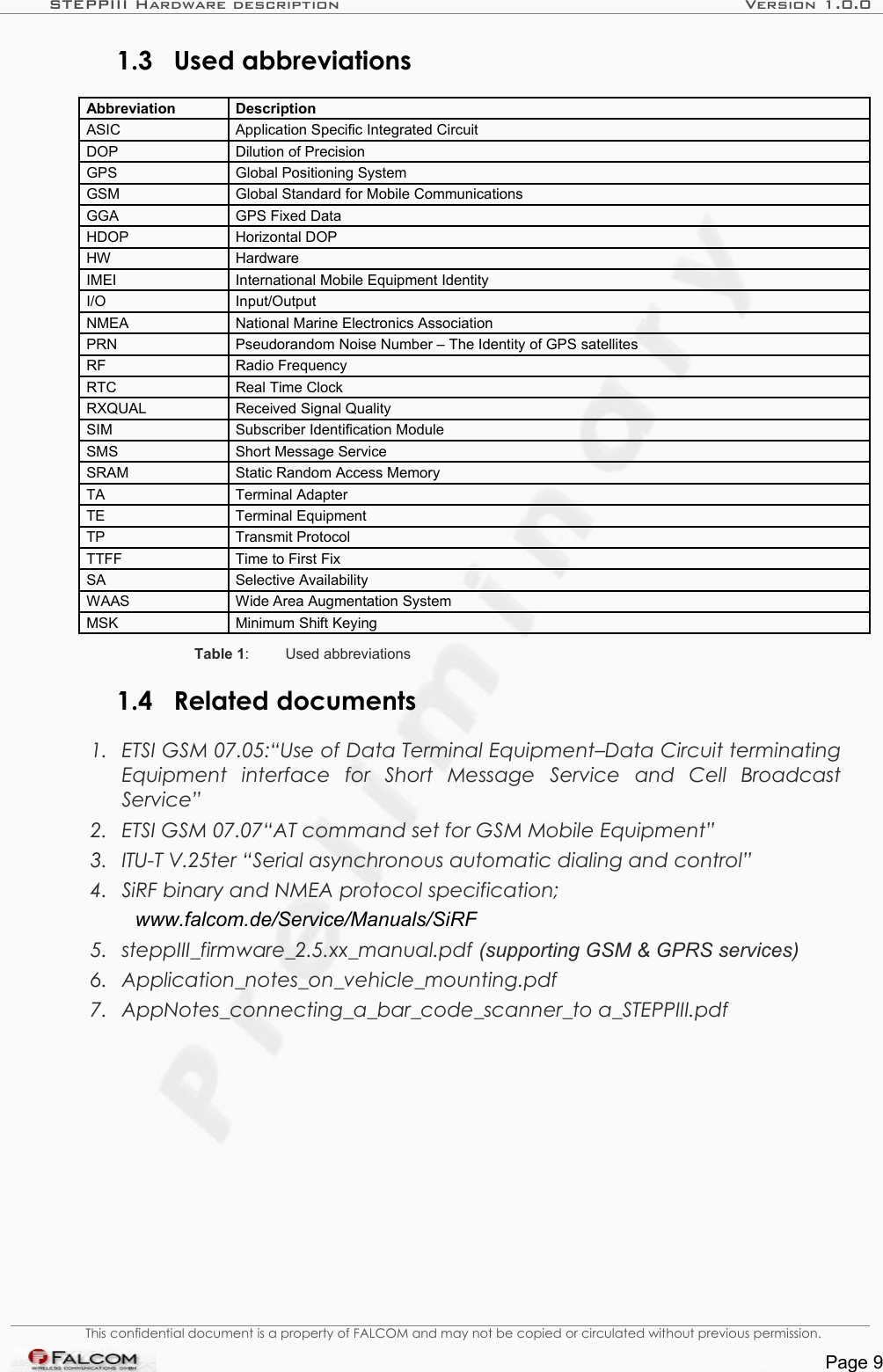 STEPPIII Hardware description Version 1.0.01.3 Used abbreviationsAbbreviation DescriptionASIC Application Specific Integrated CircuitDOP Dilution of PrecisionGPS Global Positioning SystemGSM Global Standard for Mobile CommunicationsGGA GPS Fixed DataHDOP Horizontal DOPHW HardwareIMEI International Mobile Equipment IdentityI/O Input/OutputNMEA National Marine Electronics AssociationPRN Pseudorandom Noise Number – The Identity of GPS satellitesRF Radio FrequencyRTC Real Time ClockRXQUAL Received Signal QualitySIM Subscriber Identification ModuleSMS Short Message ServiceSRAM Static Random Access MemoryTA Terminal AdapterTE Terminal EquipmentTP Transmit ProtocolTTFF Time to First FixSA Selective AvailabilityWAAS Wide Area Augmentation SystemMSK Minimum Shift KeyingTable 1: Used abbreviations1.4 Related documents1. ETSI GSM 07.05:“Use of Data Terminal Equipment–Data Circuit terminating  Equipment   interface   for   Short   Message   Service   and   Cell   Broadcast Service”2. ETSI GSM 07.07“AT command set for GSM Mobile Equipment”3. ITU-T V.25ter “Serial asynchronous automatic dialing and control”4. SiRF binary and NMEA protocol specification; www.falcom.de/Service/Manuals/SiRF5. steppIII_firmware_2.5.xx_manual.pdf (supporting GSM &amp; GPRS services)6. Application_notes_on_vehicle_mounting.pdf7. AppNotes_connecting_a_bar_code_scanner_to a_STEPPIII.pdfThis confidential document is a property of FALCOM and may not be copied or circulated without previous permission.Page 9