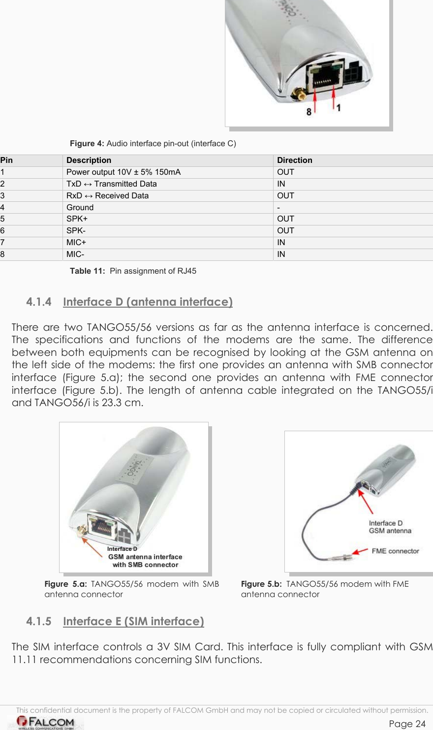 TANGO55/I &amp; TANGO56/I VERSION 1.03   Figure 4: Audio interface pin-out (interface C)  Pin  Description  Direction 1  Power output 10V ± 5% 150mA   OUT 2  TxD ↔ Transmitted Data  IN 3  RxD ↔ Received Data  OUT 4  Ground  - 5  SPK+  OUT 6  SPK-  OUT 7  MIC+  IN 8  MIC-  IN Table 11:  Pin assignment of RJ45  4.1.4  Interface D (antenna interface) There are two TANGO55/56 versions as far as the antenna interface is concerned. The specifications and functions of the modems are the same. The difference between both equipments can be recognised by looking at the GSM antenna on the left side of the modems: the first one provides an antenna with SMB connector interface (Figure 5.a); the second one provides an antenna with FME connector interface (Figure 5.b). The length of antenna cable integrated on the TANGO55/i and TANGO56/i is 23.3 cm.  Figure 5.a: TANGO55/56 modem with SMB antenna connector      Figure 5.b:  TANGO55/56 modem with FME antenna connector  4.1.5  Interface E (SIM interface) The SIM interface controls a 3V SIM Card. This interface is fully compliant with GSM 11.11 recommendations concerning SIM functions. This confidential document is the property of FALCOM GmbH and may not be copied or circulated without permission. Page 24    