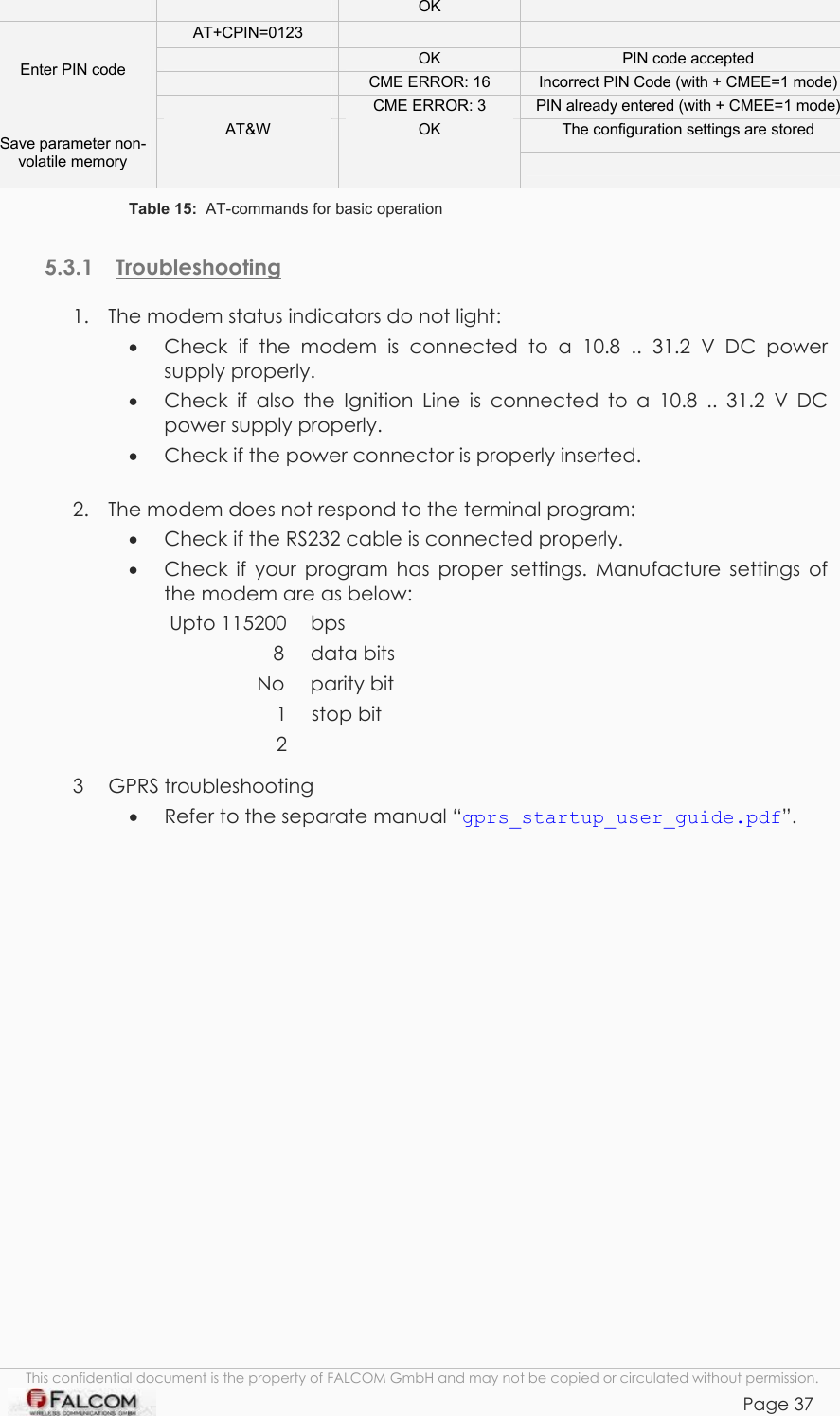 TANGO55/I &amp; TANGO56/I VERSION 1.03      OK   AT+CPIN=0123      OK  PIN code accepted  CME ERROR: 16  Incorrect PIN Code (with + CMEE=1 mode) Enter PIN code  CME ERROR: 3  PIN already entered (with + CMEE=1 mode) The configuration settings are stored Save parameter non-volatile memory AT&amp;W  OK  Table 15:  AT-commands for basic operation  5.3.1 Troubleshooting 1.  The modem status indicators do not light: •  Check if the modem is connected to a 10.8 .. 31.2 V DC power supply properly. •  Check if also the Ignition Line is connected to a 10.8 .. 31.2 V DC power supply properly. •  Check if the power connector is properly inserted. 2.  The modem does not respond to the terminal program: •  Check if the RS232 cable is connected properly. •  Check if your program has proper settings. Manufacture settings of the modem are as below: Upto 115200  bps       8   data bits    No   parity bit 1 stop bit 2  3 GPRS troubleshooting •  Refer to the separate manual “gprs_startup_user_guide.pdf”. This confidential document is the property of FALCOM GmbH and may not be copied or circulated without permission. Page 37    