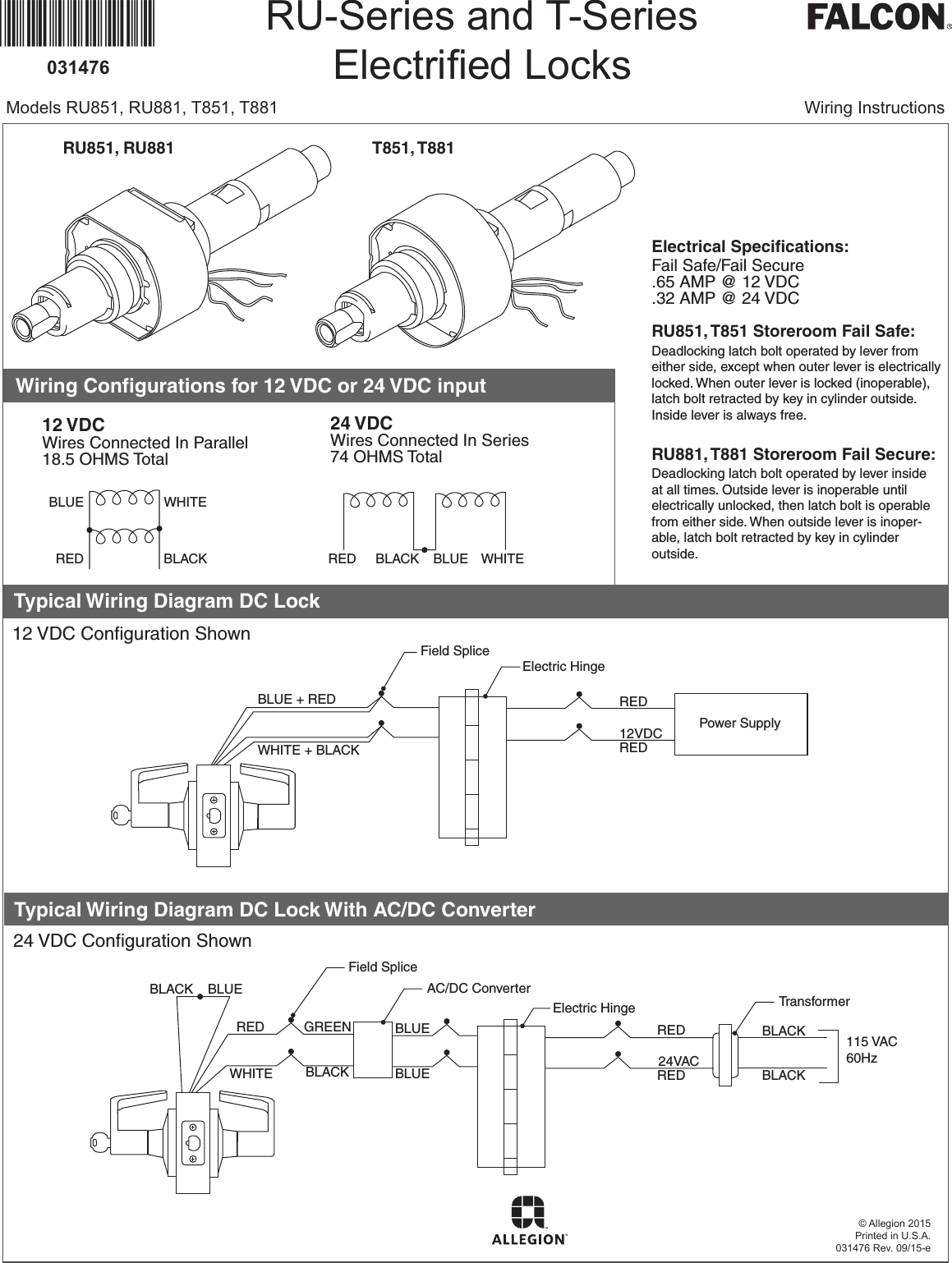 Falcon T Series Installation Instructions Electrical 110164