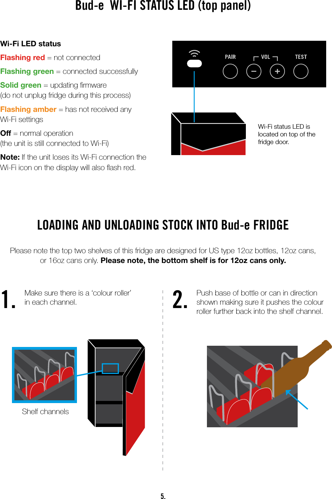 5.Shelf channelsBud-e  WI-FI STATUS LED (top panel)Wi-Fi LED statusFlashing red = not connectedFlashing green = connected successfullySolid green = updating rmware  (do not unplug fridge during this process)Flashing amber = has not received any  Wi-Fi settingsOff = normal operation  (the unit is still connected to Wi-Fi)Note: If the unit loses its Wi-Fi connection the Wi-Fi icon on the display will also ash red.Wi-Fi status LED is located on top of the fridge door.LOADING AND UNLOADING STOCK INTO Bud-e FRIDGEPlease note the top two shelves of this fridge are designed for US type 12oz bottles, 12oz cans, or 16oz cans only. Please note, the bottom shelf is for 12oz cans only.1. 2.Make sure there is a ‘colour roller’  in each channel.Push base of bottle or can in direction shown making sure it pushes the colour roller further back into the shelf channel.