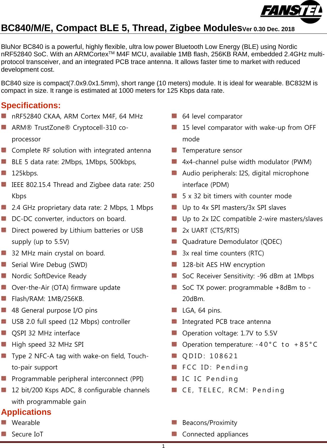 Page 1 of Fanstel Taipei BC840M Bluetooth 5.0 Module User Manual 