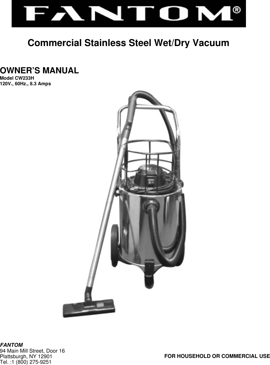 Page 1 of 11 - Fantom-Vacuum Fantom-Vacuum-Cw233H-Users-Manual-  1 Fantom-vacuum-cw233h-users-manual