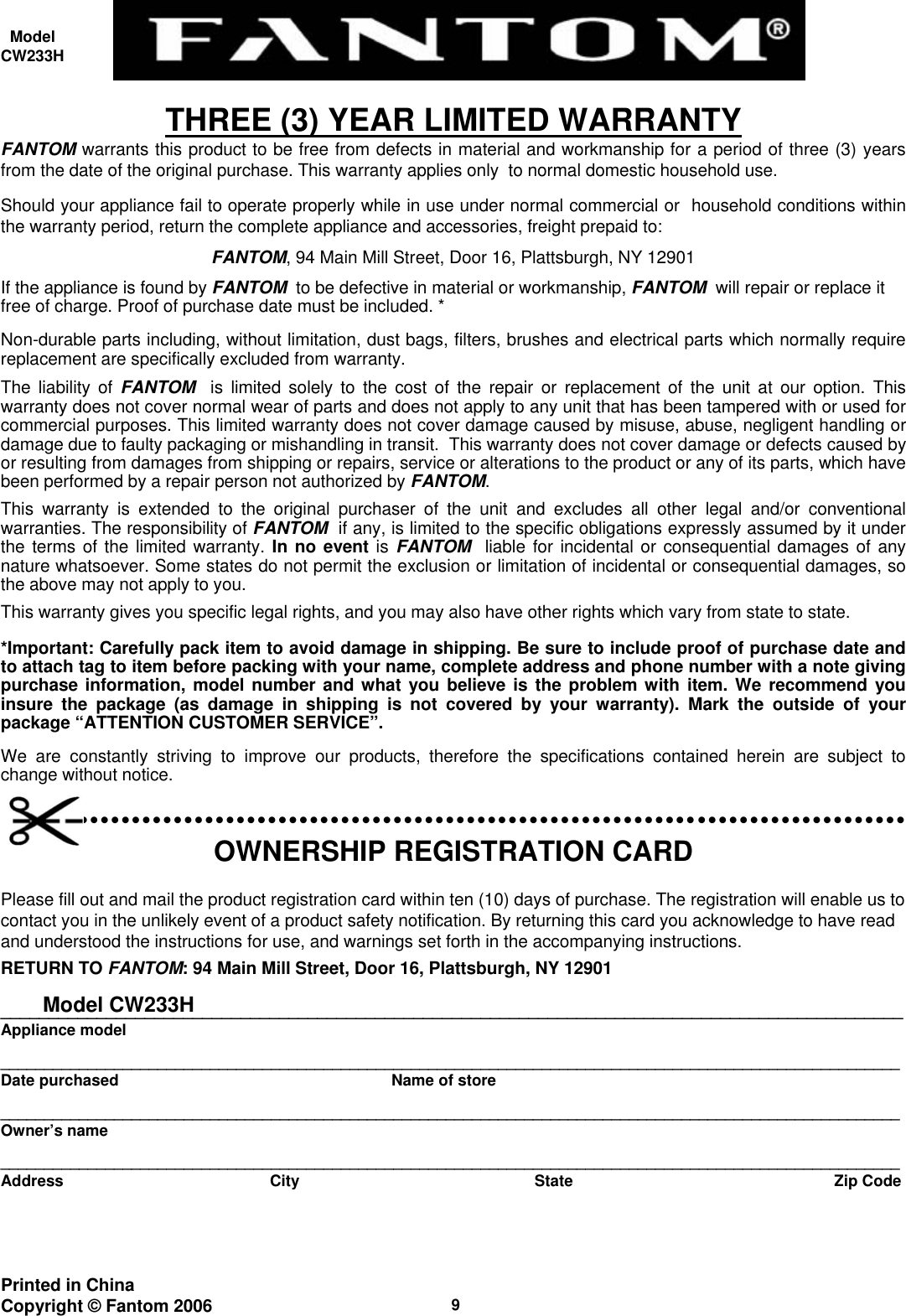 Page 11 of 11 - Fantom-Vacuum Fantom-Vacuum-Cw233H-Users-Manual-  1 Fantom-vacuum-cw233h-users-manual