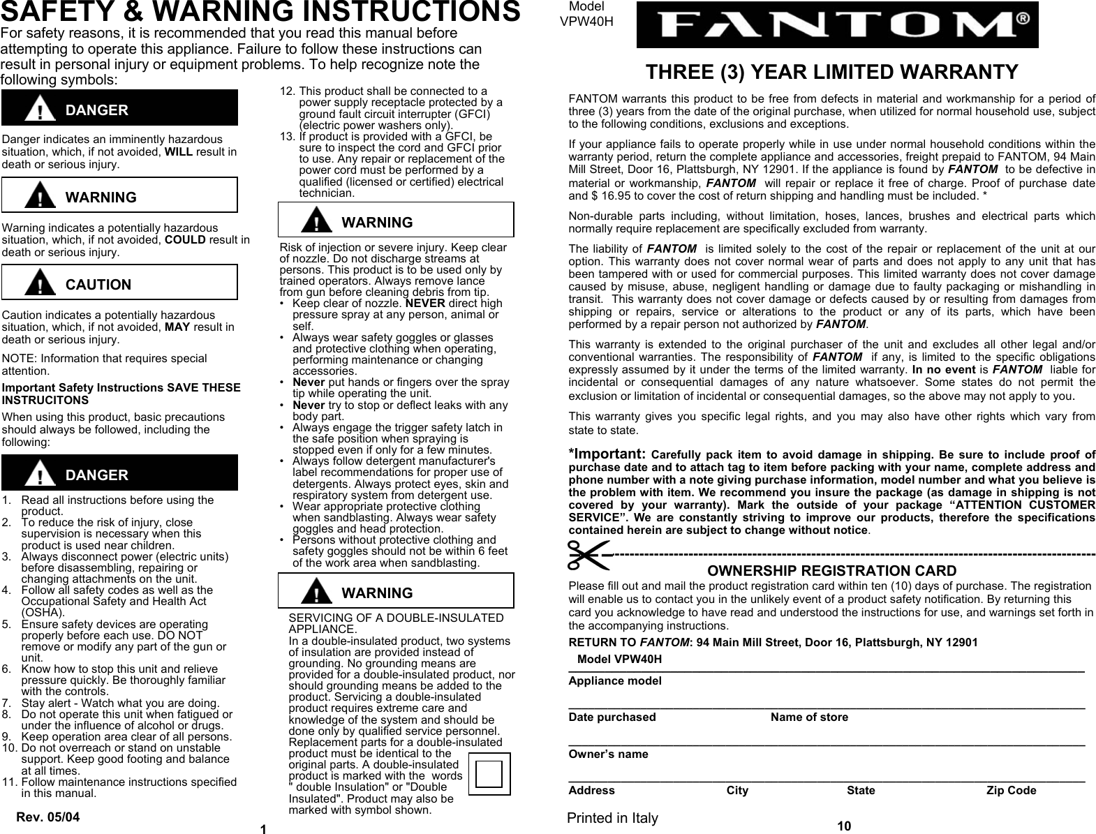 Fantom Vacuum Vpw40H Users Manual 1