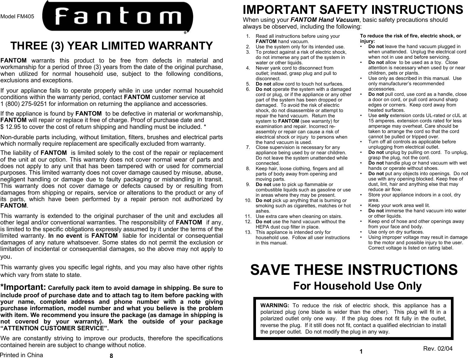 Page 3 of 6 - Fantom-Vacuum Fantom-Vacuum-Fm405-Users-Manual-  1 Fantom-vacuum-fm405-users-manual