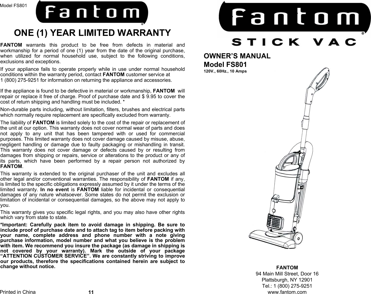 Page 1 of 6 - Fantom-Vacuum Fantom-Vacuum-Fs801-Users-Manual-  1 Fantom-vacuum-fs801-users-manual