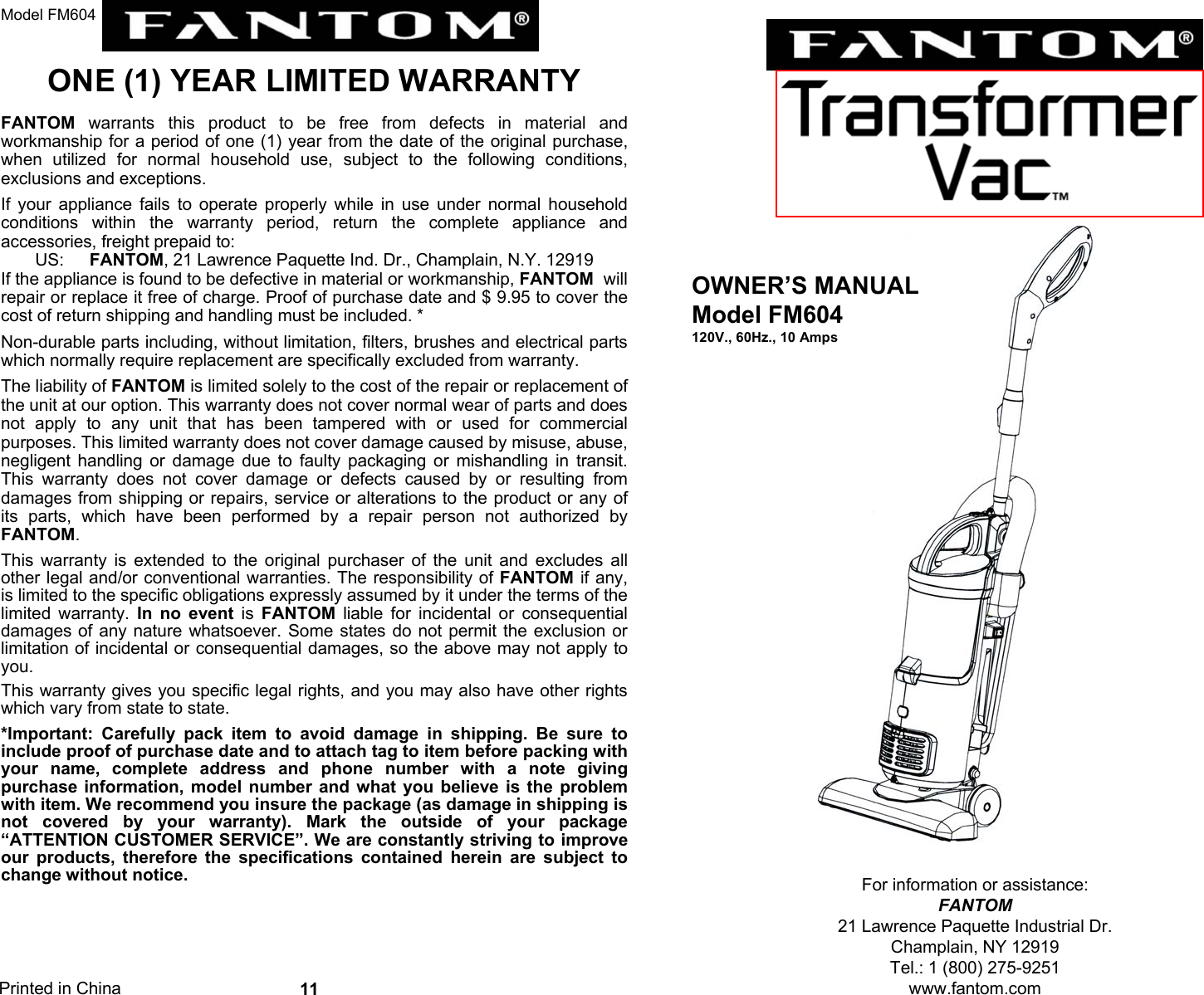 Fantom Vacuum Transformer Vac Fm604 Users Manual 1