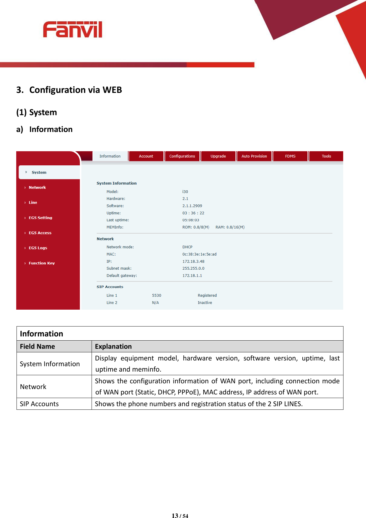 [键入文字]          13 / 54   3. Configuration via WEB (1) System a) Information    Information Field Name Explanation System Information Display  equipment  model,  hardware  version,  software  version,  uptime,  last uptime and meminfo. Network Shows the configuration information of WAN port, including connection mode of WAN port (Static, DHCP, PPPoE), MAC address, IP address of WAN port. SIP Accounts Shows the phone numbers and registration status of the 2 SIP LINES.         