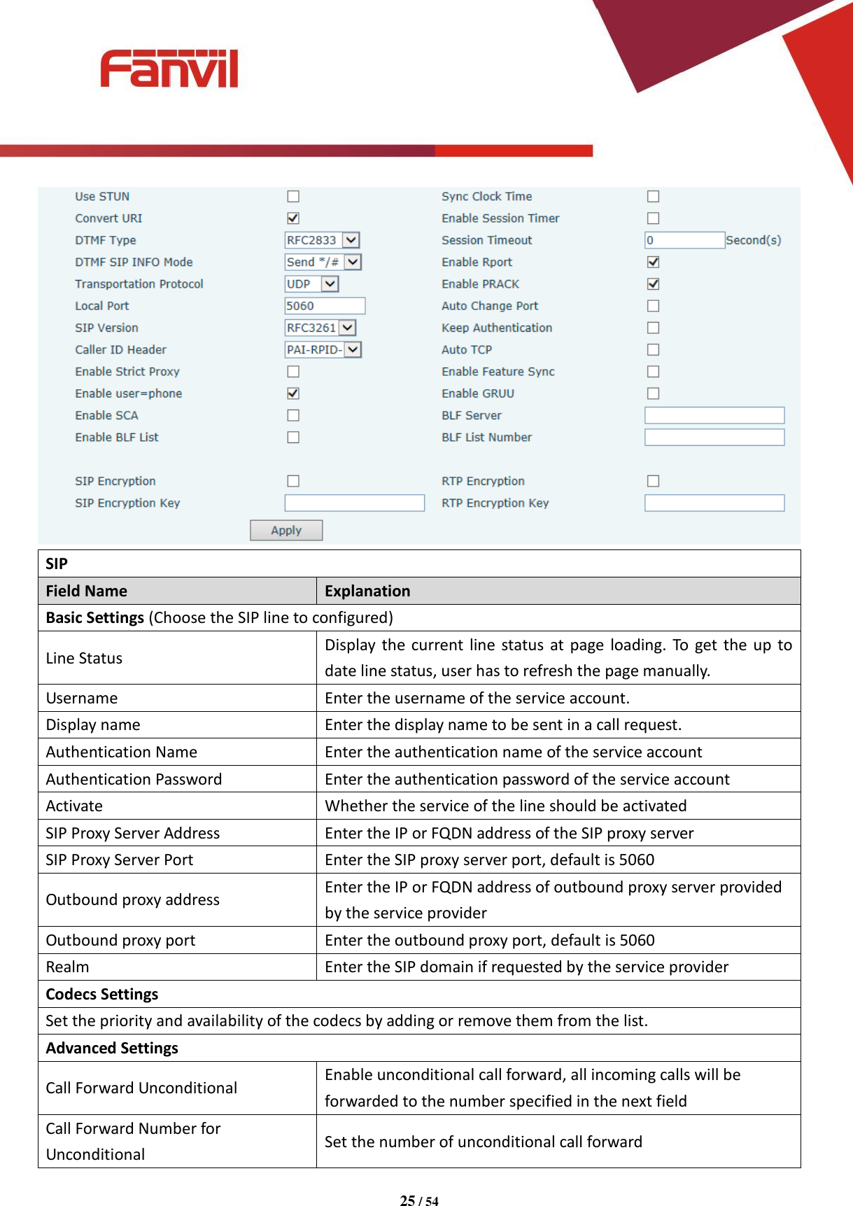 [键入文字]          25 / 54    SIP Field Name Explanation Basic Settings (Choose the SIP line to configured) Line Status Display the  current line status at page loading. To get the up to date line status, user has to refresh the page manually. Username Enter the username of the service account. Display name Enter the display name to be sent in a call request. Authentication Name Enter the authentication name of the service account Authentication Password Enter the authentication password of the service account Activate Whether the service of the line should be activated SIP Proxy Server Address Enter the IP or FQDN address of the SIP proxy server SIP Proxy Server Port Enter the SIP proxy server port, default is 5060 Outbound proxy address Enter the IP or FQDN address of outbound proxy server provided by the service provider Outbound proxy port Enter the outbound proxy port, default is 5060 Realm Enter the SIP domain if requested by the service provider Codecs Settings Set the priority and availability of the codecs by adding or remove them from the list. Advanced Settings Call Forward Unconditional Enable unconditional call forward, all incoming calls will be forwarded to the number specified in the next field Call Forward Number for Unconditional Set the number of unconditional call forward 