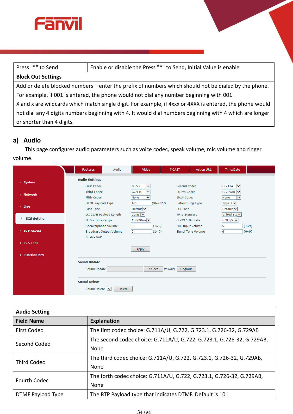 [键入文字]          34 / 54   Press "*" to Send Enable or disable the Press "*" to Send, Initial Value is enable Block Out Settings Add or delete blocked numbers &ndash; enter the prefix of numbers which should not be dialed by the phone. For example, if 001 is entered, the phone would not dial any number beginning with 001. X and x are wildcards which match single digit. For example, if 4xxx or 4XXX is entered, the phone would not dial any 4 digits numbers beginning with 4. It would dial numbers beginning with 4 which are longer or shorter than 4 digits.  a) Audio This page configures audio parameters such as voice codec, speak volume, mic volume and ringer volume.   Audio Setting Field Name   Explanation   First Codec The first codec choice: G.711A/U, G.722, G.723.1, G.726-32, G.729AB Second Codec The second codec choice: G.711A/U, G.722, G.723.1, G.726-32, G.729AB, None Third Codec The third codec choice: G.711A/U, G.722, G.723.1, G.726-32, G.729AB, None Fourth Codec The forth codec choice: G.711A/U, G.722, G.723.1, G.726-32, G.729AB, None DTMF Payload Type The RTP Payload type that indicates DTMF. Default is 101 