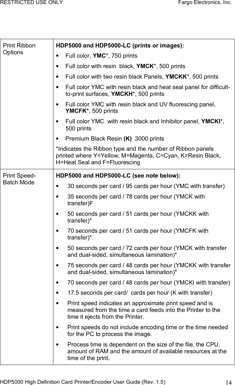 RESTRICTED USE ONLY    Fargo Electronics, Inc. HDP5000 High Definition Card Printer/Encoder User Guide (Rev. 1.5)  14Print Ribbon Options HDP5000 and HDP5000-LC (prints or images): •Full color, YMC*, 750 prints •Full color with resin  black, YMCK*, 500 prints •Full color with two resin black Panels, YMCKK*, 500 prints •Full color YMC with resin black and heat seal panel for difficult-to-print surfaces, YMCKH*, 500 prints •Full color YMC with resin black and UV fluorescing panel, YMCFK*, 500 prints •Full color YMC  with resin black and Inhibitor panel, YMCKI*, 500 prints •Premium Black Resin (K) 3000 prints *Indicates the Ribbon type and the number of Ribbon panels printed where Y=Yellow, M=Magenta, C=Cyan, K=Resin Black, H=Heat Seal and F=Fluorescing  Print Speed-Batch Mode HDP5000 and HDP5000-LC (see note below): •30 seconds per card / 95 cards per hour (YMC with transfer) •35 seconds per card / 78 cards per hour (YMCK with transfer)F •50 seconds per card / 51 cards per hour (YMCKK with transfer)* •70 seconds per card / 51 cards per hour (YMCFK with transfer)* •50 seconds per card / 72 cards per hour (YMCK with transfer and dual-sided, simultaneous lamination)* •75 seconds per card / 48 cards per hour (YMCKK with transfer and dual-sided, simultaneous lamination)* •70 seconds per card / 48 cards per hour (YMCKI with transfer) •17.5 seconds per card/  cards per hour (K with transfer)  •Print speed indicates an approximate print speed and is measured from the time a card feeds into the Printer to the time it ejects from the Printer.  •Print speeds do not include encoding time or the time needed for the PC to process the image.  •Process time is dependent on the size of the file, the CPU, amount of RAM and the amount of available resources at the time of the print. 
