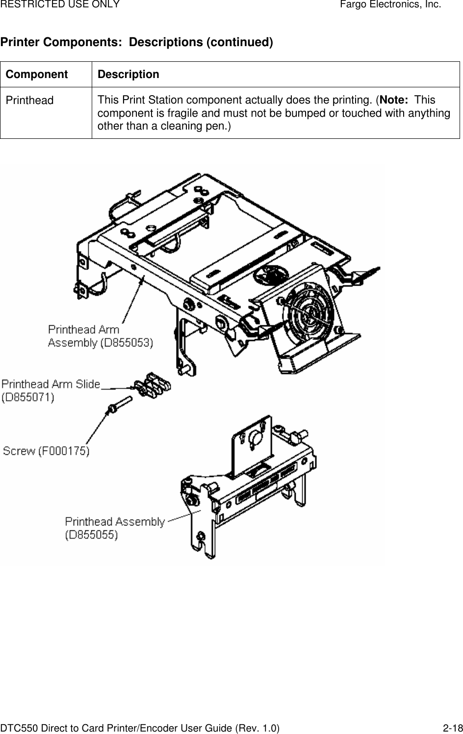 RESTRICTED USE ONLY    Fargo Electronics, Inc. DTC550 Direct to Card Printer/Encoder User Guide (Rev. 1.0)  2-18 Printer Components:  Descriptions (continued) Component  Description Printhead  This Print Station component actually does the printing. (Note:  This component is fragile and must not be bumped or touched with anything other than a cleaning pen.)     