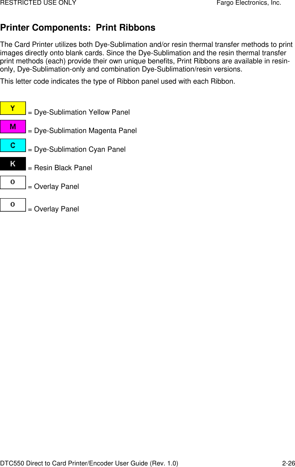 RESTRICTED USE ONLY    Fargo Electronics, Inc. DTC550 Direct to Card Printer/Encoder User Guide (Rev. 1.0)  2-26 Printer Components:  Print Ribbons The Card Printer utilizes both Dye-Sublimation and/or resin thermal transfer methods to print images directly onto blank cards. Since the Dye-Sublimation and the resin thermal transfer print methods (each) provide their own unique benefits, Print Ribbons are available in resin-only, Dye-Sublimation-only and combination Dye-Sublimation/resin versions.  This letter code indicates the type of Ribbon panel used with each Ribbon.   = Dye-Sublimation Yellow Panel  = Dye-Sublimation Magenta Panel  = Dye-Sublimation Cyan Panel  = Resin Black Panel  = Overlay Panel  = Overlay Panel  