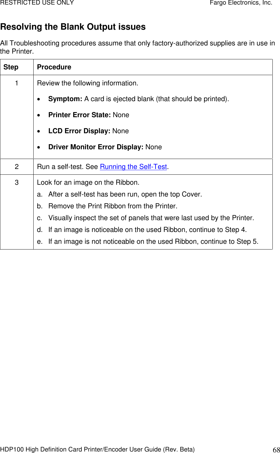RESTRICTED USE ONLY    Fargo Electronics, Inc. HDP100 High Definition Card Printer/Encoder User Guide (Rev. Beta)  68 Resolving the Blank Output issues All Troubleshooting procedures assume that only factory-authorized supplies are in use in the Printer.  Step  Procedure 1  Review the following information.   Symptom: A card is ejected blank (that should be printed).  Printer Error State: None  LCD Error Display: None  Driver Monitor Error Display: None 2  Run a self-test. See Running the Self-Test. 3  Look for an image on the Ribbon. a.  After a self-test has been run, open the top Cover. b.  Remove the Print Ribbon from the Printer. c.  Visually inspect the set of panels that were last used by the Printer. d.  If an image is noticeable on the used Ribbon, continue to Step 4. e.  If an image is not noticeable on the used Ribbon, continue to Step 5. 