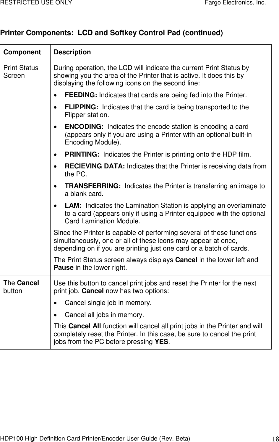 RESTRICTED USE ONLY    Fargo Electronics, Inc. HDP100 High Definition Card Printer/Encoder User Guide (Rev. Beta)  18 Printer Components:  LCD and Softkey Control Pad (continued) Component  Description Print Status Screen  During operation, the LCD will indicate the current Print Status by showing you the area of the Printer that is active. It does this by displaying the following icons on the second line:  FEEDING: Indicates that cards are being fed into the Printer.  FLIPPING:  Indicates that the card is being transported to the Flipper station.   ENCODING:  Indicates the encode station is encoding a card (appears only if you are using a Printer with an optional built-in Encoding Module).   PRINTING:  Indicates the Printer is printing onto the HDP film.   RECIEVING DATA: Indicates that the Printer is receiving data from the PC.   TRANSFERRING:  Indicates the Printer is transferring an image to a blank card.   LAM:  Indicates the Lamination Station is applying an overlaminate to a card (appears only if using a Printer equipped with the optional Card Lamination Module. Since the Printer is capable of performing several of these functions simultaneously, one or all of these icons may appear at once, depending on if you are printing just one card or a batch of cards. The Print Status screen always displays Cancel in the lower left and Pause in the lower right.  The Cancel button  Use this button to cancel print jobs and reset the Printer for the next print job. Cancel now has two options:   Cancel single job in memory.   Cancel all jobs in memory. This Cancel All function will cancel all print jobs in the Printer and will completely reset the Printer. In this case, be sure to cancel the print jobs from the PC before pressing YES.  