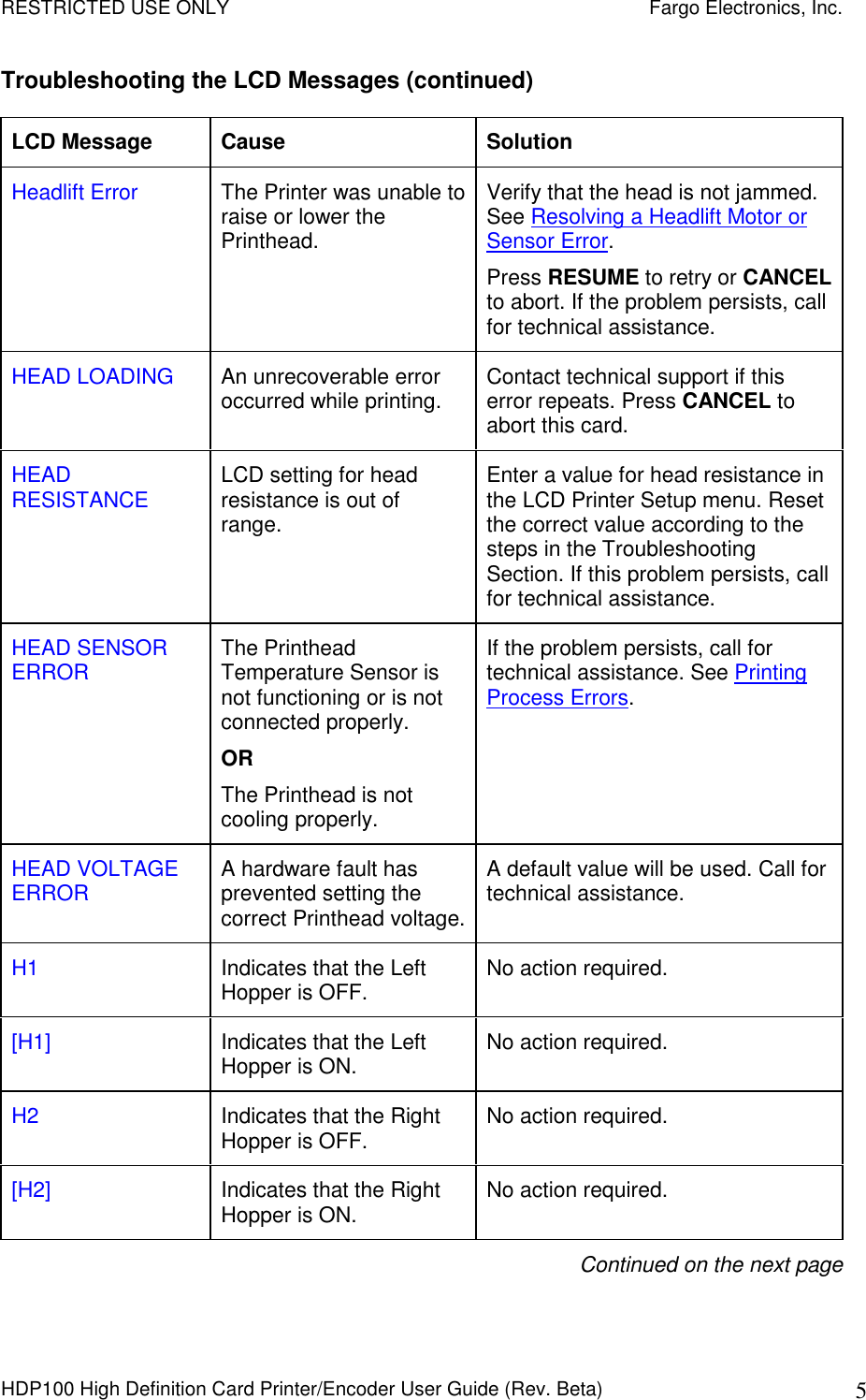 RESTRICTED USE ONLY    Fargo Electronics, Inc. HDP100 High Definition Card Printer/Encoder User Guide (Rev. Beta)  5 Troubleshooting the LCD Messages (continued) LCD Message  Cause  Solution Headlift Error  The Printer was unable to raise or lower the Printhead.  Verify that the head is not jammed. See Resolving a Headlift Motor or Sensor Error.  Press RESUME to retry or CANCEL to abort. If the problem persists, call for technical assistance.  HEAD LOADING  An unrecoverable error occurred while printing.  Contact technical support if this error repeats. Press CANCEL to abort this card.   HEAD RESISTANCE  LCD setting for head resistance is out of range. Enter a value for head resistance in the LCD Printer Setup menu. Reset the correct value according to the steps in the Troubleshooting Section. If this problem persists, call for technical assistance. HEAD SENSOR ERROR  The Printhead Temperature Sensor is not functioning or is not connected properly.  OR  The Printhead is not cooling properly. If the problem persists, call for technical assistance. See Printing Process Errors.  HEAD VOLTAGE ERROR  A hardware fault has prevented setting the correct Printhead voltage. A default value will be used. Call for technical assistance. H1  Indicates that the Left Hopper is OFF.  No action required. [H1]  Indicates that the Left Hopper is ON.  No action required. H2  Indicates that the Right Hopper is OFF.  No action required. [H2]  Indicates that the Right Hopper is ON.  No action required. Continued on the next page 