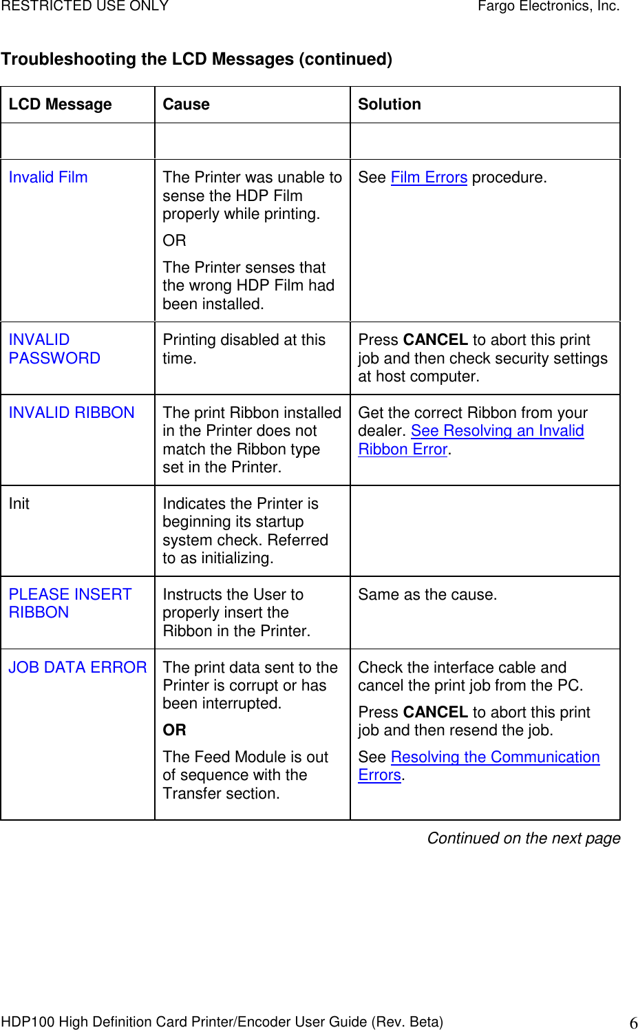 RESTRICTED USE ONLY    Fargo Electronics, Inc. HDP100 High Definition Card Printer/Encoder User Guide (Rev. Beta)  6 Troubleshooting the LCD Messages (continued) LCD Message  Cause  Solution     Invalid Film  The Printer was unable to sense the HDP Film properly while printing.  OR The Printer senses that the wrong HDP Film had been installed. See Film Errors procedure. INVALID PASSWORD  Printing disabled at this time.  Press CANCEL to abort this print job and then check security settings at host computer. INVALID RIBBON  The print Ribbon installed in the Printer does not match the Ribbon type set in the Printer. Get the correct Ribbon from your dealer. See Resolving an Invalid Ribbon Error. Init  Indicates the Printer is beginning its startup system check. Referred to as initializing.   PLEASE INSERT RIBBON  Instructs the User to properly insert the Ribbon in the Printer. Same as the cause. JOB DATA ERROR The print data sent to the Printer is corrupt or has been interrupted. OR The Feed Module is out of sequence with the Transfer section. Check the interface cable and cancel the print job from the PC.  Press CANCEL to abort this print job and then resend the job. See Resolving the Communication Errors.  Continued on the next page 