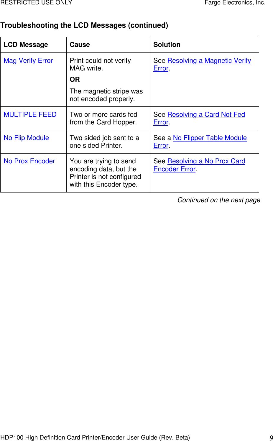 RESTRICTED USE ONLY    Fargo Electronics, Inc. HDP100 High Definition Card Printer/Encoder User Guide (Rev. Beta)  9 Troubleshooting the LCD Messages (continued) LCD Message  Cause  Solution Mag Verify Error  Print could not verify MAG write. OR The magnetic stripe was not encoded properly.  See Resolving a Magnetic Verify Error. MULTIPLE FEED  Two or more cards fed from the Card Hopper.   See Resolving a Card Not Fed Error. No Flip Module  Two sided job sent to a one sided Printer.  See a No Flipper Table Module Error. No Prox Encoder  You are trying to send encoding data, but the Printer is not configured with this Encoder type.  See Resolving a No Prox Card Encoder Error. Continued on the next page 