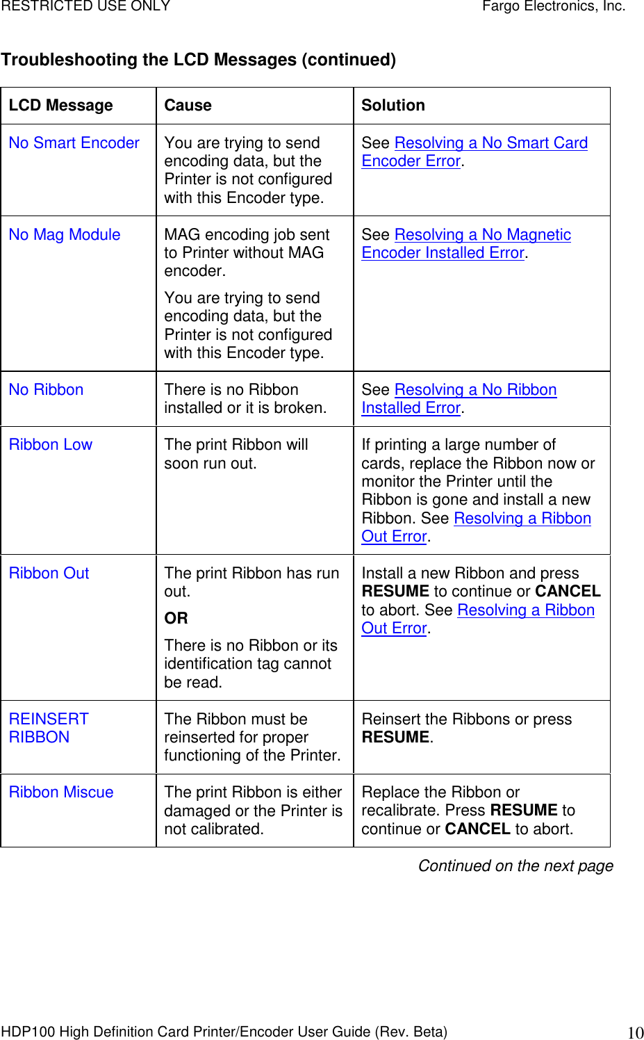 RESTRICTED USE ONLY    Fargo Electronics, Inc. HDP100 High Definition Card Printer/Encoder User Guide (Rev. Beta)  10 Troubleshooting the LCD Messages (continued) LCD Message  Cause  Solution No Smart Encoder  You are trying to send encoding data, but the Printer is not configured with this Encoder type.  See Resolving a No Smart Card Encoder Error. No Mag Module  MAG encoding job sent to Printer without MAG encoder.  You are trying to send encoding data, but the Printer is not configured with this Encoder type.  See Resolving a No Magnetic Encoder Installed Error. No Ribbon  There is no Ribbon installed or it is broken.  See Resolving a No Ribbon Installed Error. Ribbon Low  The print Ribbon will soon run out.  If printing a large number of cards, replace the Ribbon now or monitor the Printer until the Ribbon is gone and install a new Ribbon. See Resolving a Ribbon Out Error. Ribbon Out  The print Ribbon has run out. OR There is no Ribbon or its identification tag cannot be read. Install a new Ribbon and press RESUME to continue or CANCEL to abort. See Resolving a Ribbon Out Error. REINSERT RIBBON  The Ribbon must be reinserted for proper functioning of the Printer. Reinsert the Ribbons or press RESUME. Ribbon Miscue  The print Ribbon is either damaged or the Printer is not calibrated. Replace the Ribbon or recalibrate. Press RESUME to continue or CANCEL to abort.  Continued on the next page 