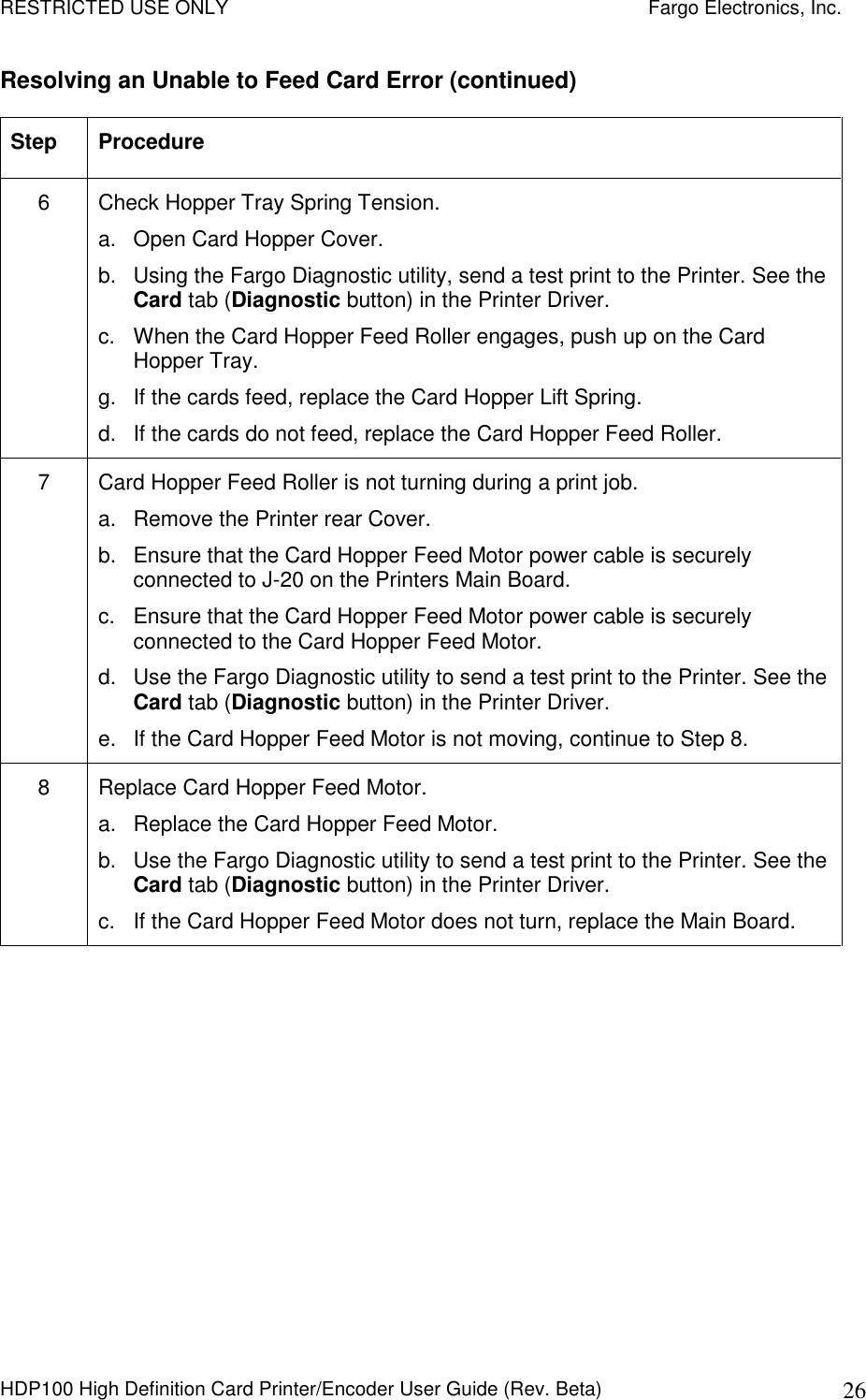 RESTRICTED USE ONLY    Fargo Electronics, Inc. HDP100 High Definition Card Printer/Encoder User Guide (Rev. Beta)  26 Resolving an Unable to Feed Card Error (continued) Step  Procedure 6  Check Hopper Tray Spring Tension. a.  Open Card Hopper Cover. b.  Using the Fargo Diagnostic utility, send a test print to the Printer. See the Card tab (Diagnostic button) in the Printer Driver.  c.  When the Card Hopper Feed Roller engages, push up on the Card Hopper Tray. g.  If the cards feed, replace the Card Hopper Lift Spring. d.  If the cards do not feed, replace the Card Hopper Feed Roller. 7  Card Hopper Feed Roller is not turning during a print job. a.  Remove the Printer rear Cover. b.  Ensure that the Card Hopper Feed Motor power cable is securely connected to J-20 on the Printers Main Board. c.  Ensure that the Card Hopper Feed Motor power cable is securely connected to the Card Hopper Feed Motor. d.  Use the Fargo Diagnostic utility to send a test print to the Printer. See the Card tab (Diagnostic button) in the Printer Driver. e.  If the Card Hopper Feed Motor is not moving, continue to Step 8. 8  Replace Card Hopper Feed Motor. a.  Replace the Card Hopper Feed Motor. b.  Use the Fargo Diagnostic utility to send a test print to the Printer. See the Card tab (Diagnostic button) in the Printer Driver. c.  If the Card Hopper Feed Motor does not turn, replace the Main Board.  