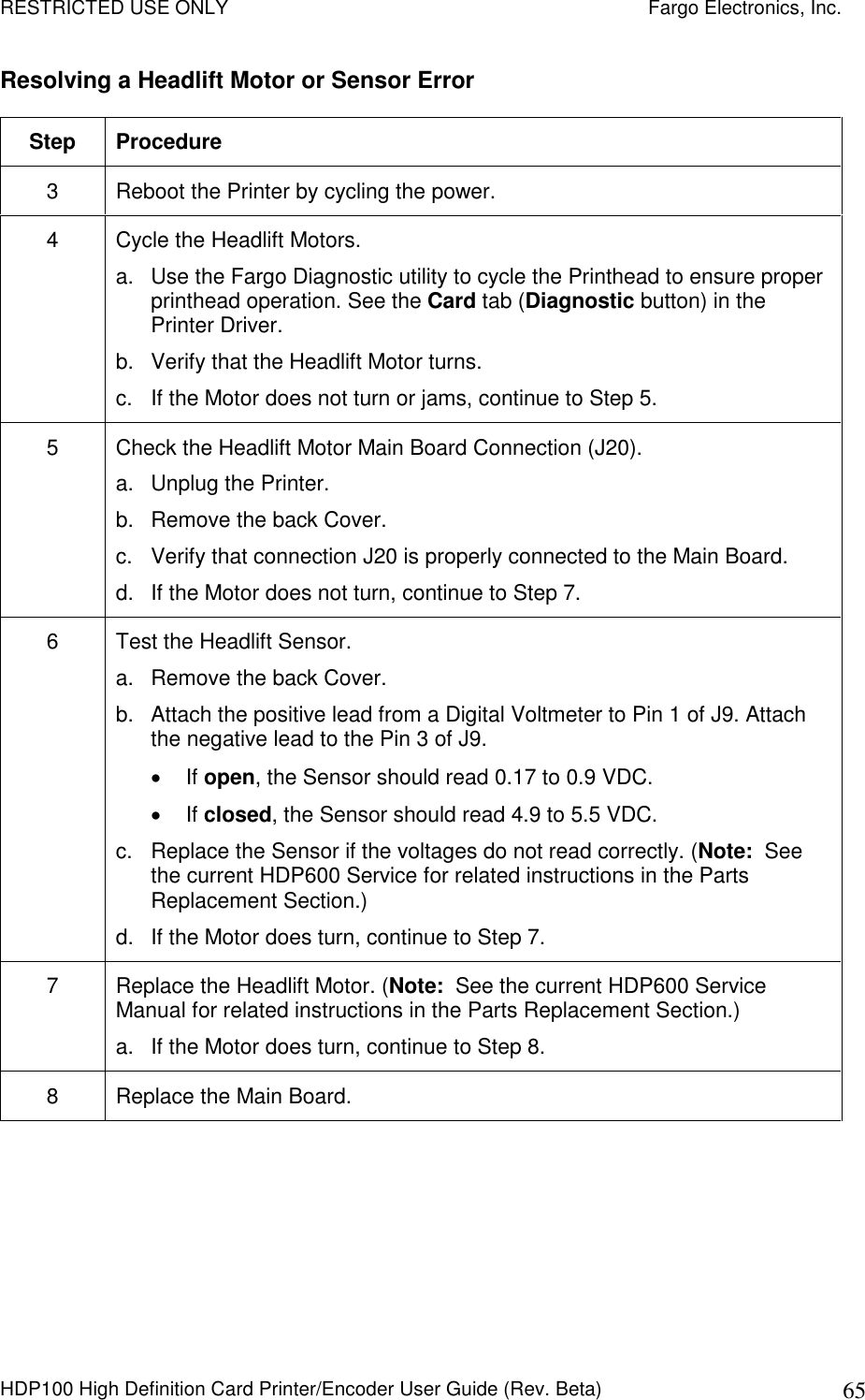 RESTRICTED USE ONLY    Fargo Electronics, Inc. HDP100 High Definition Card Printer/Encoder User Guide (Rev. Beta)  65 Resolving a Headlift Motor or Sensor Error Step  Procedure 3  Reboot the Printer by cycling the power. 4  Cycle the Headlift Motors.  a.  Use the Fargo Diagnostic utility to cycle the Printhead to ensure proper printhead operation. See the Card tab (Diagnostic button) in the Printer Driver. b.  Verify that the Headlift Motor turns. c.  If the Motor does not turn or jams, continue to Step 5. 5  Check the Headlift Motor Main Board Connection (J20).  a.  Unplug the Printer.  b.  Remove the back Cover. c.  Verify that connection J20 is properly connected to the Main Board. d.  If the Motor does not turn, continue to Step 7. 6  Test the Headlift Sensor.  a.  Remove the back Cover. b.  Attach the positive lead from a Digital Voltmeter to Pin 1 of J9. Attach the negative lead to the Pin 3 of J9.   If open, the Sensor should read 0.17 to 0.9 VDC.    If closed, the Sensor should read 4.9 to 5.5 VDC. c.  Replace the Sensor if the voltages do not read correctly. (Note:  See the current HDP600 Service for related instructions in the Parts Replacement Section.) d.  If the Motor does turn, continue to Step 7. 7  Replace the Headlift Motor. (Note:  See the current HDP600 Service Manual for related instructions in the Parts Replacement Section.) a.  If the Motor does turn, continue to Step 8. 8  Replace the Main Board.   