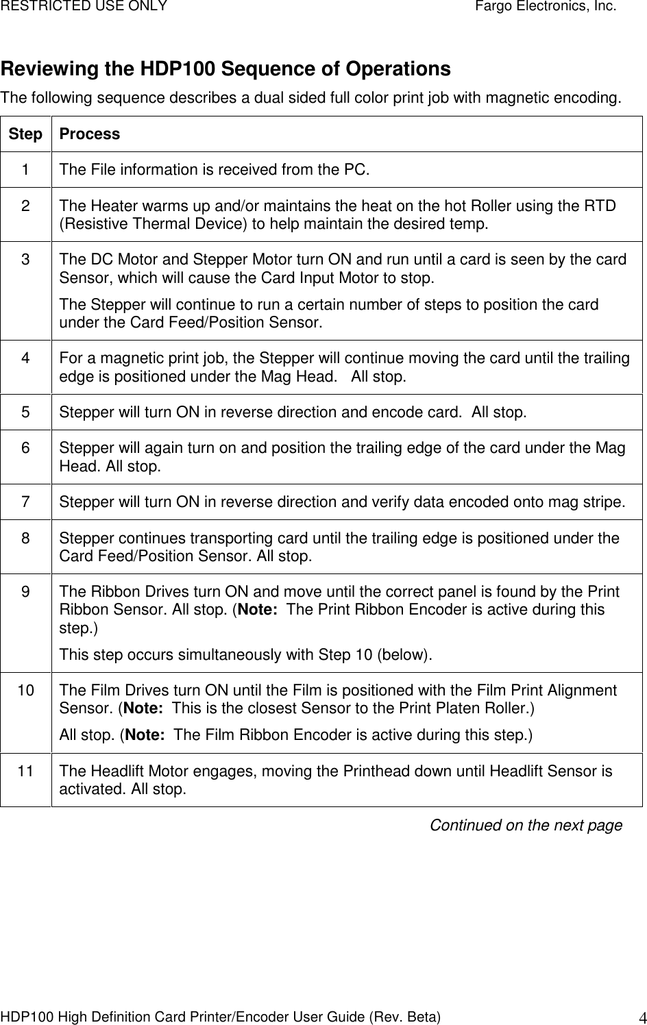 RESTRICTED USE ONLY    Fargo Electronics, Inc. HDP100 High Definition Card Printer/Encoder User Guide (Rev. Beta)  4 Reviewing the HDP100 Sequence of Operations The following sequence describes a dual sided full color print job with magnetic encoding.  Step Process 1  The File information is received from the PC. 2  The Heater warms up and/or maintains the heat on the hot Roller using the RTD (Resistive Thermal Device) to help maintain the desired temp.  3  The DC Motor and Stepper Motor turn ON and run until a card is seen by the card Sensor, which will cause the Card Input Motor to stop.  The Stepper will continue to run a certain number of steps to position the card under the Card Feed/Position Sensor. 4  For a magnetic print job, the Stepper will continue moving the card until the trailing edge is positioned under the Mag Head.   All stop. 5  Stepper will turn ON in reverse direction and encode card.  All stop.  6  Stepper will again turn on and position the trailing edge of the card under the Mag Head. All stop. 7  Stepper will turn ON in reverse direction and verify data encoded onto mag stripe.   8  Stepper continues transporting card until the trailing edge is positioned under the Card Feed/Position Sensor. All stop. 9  The Ribbon Drives turn ON and move until the correct panel is found by the Print Ribbon Sensor. All stop. (Note:  The Print Ribbon Encoder is active during this step.) This step occurs simultaneously with Step 10 (below). 10  The Film Drives turn ON until the Film is positioned with the Film Print Alignment Sensor. (Note:  This is the closest Sensor to the Print Platen Roller.)  All stop. (Note:  The Film Ribbon Encoder is active during this step.) 11  The Headlift Motor engages, moving the Printhead down until Headlift Sensor is activated. All stop. Continued on the next page     
