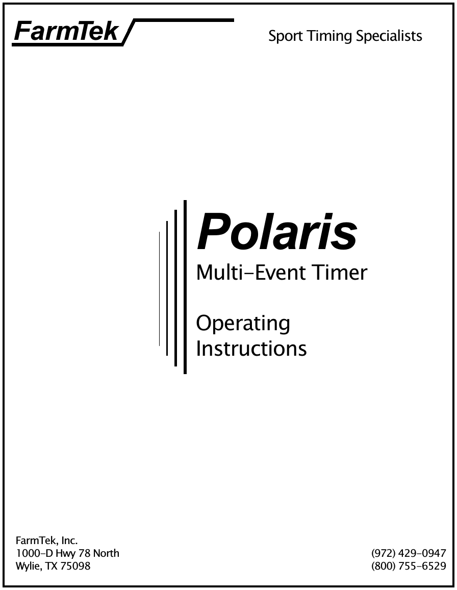 )DUP%HN 6SRUW 7LPLQJ 6SHFLDOLVWV3RODULV0XOWL(YHQW 7LPHU2SHUDWLQJ,QVWUXFWLRQV)DUP7HN ,QF' +Z\  1RUWK  :\OLH 7;   