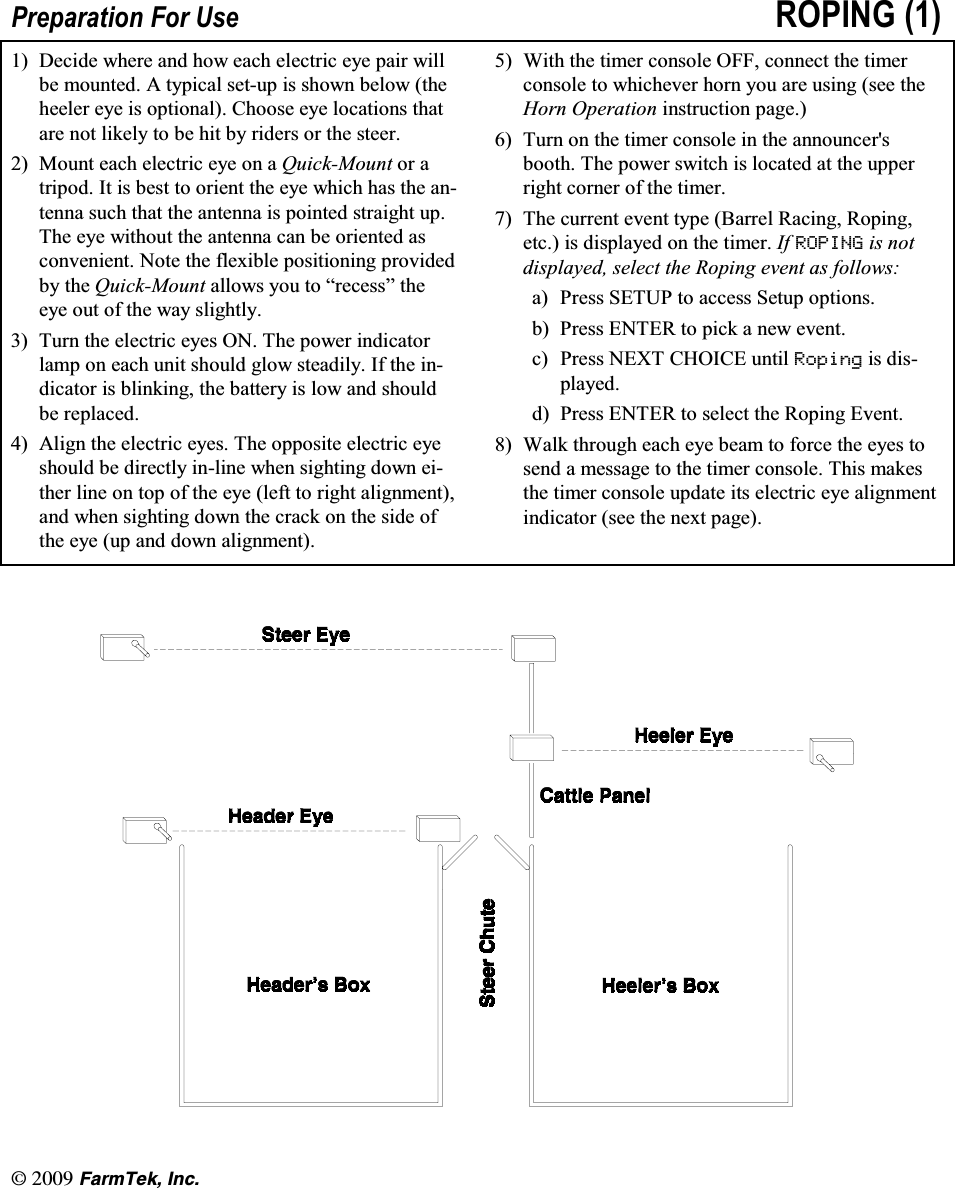 l(CTO6GM +PE3UHSDUDWLRQ )RU 8VH 523,1*  'HFLGH ZKHUH DQG KRZ HDFK HOHFWULF H\H SDLU ZLOOEH PRXQWHG $ W\SLFDO VHWXS LV VKRZQ EHORZ WKHKHHOHU H\H LV RSWLRQDO &amp;KRRVH H\H ORFDWLRQV WKDWDUH QRW OLNHO\ WR EH KLW E\ ULGHUV RU WKH VWHHU 0RXQW HDFK HOHFWULF H\H RQ D 4XLFN0RXQW RU DWULSRG,WLVEHVWWRRULHQWWKHH\HZKLFKKDVWKHDQWHQQD VXFK WKDW WKH DQWHQQD LV SRLQWHG VWUDLJKW XS7KH H\H ZLWKRXW WKH DQWHQQD FDQ EH RULHQWHG DVFRQYHQLHQW 1RWH WKH IOH[LEOH SRVLWLRQLQJ SURYLGHGE\ WKH 4XLFN0RXQW DOORZV \RX WR &sup3;UHFHVV&acute; WKHH\H RXW RI WKH ZD\ VOLJKWO\ 7XUQ WKH HOHFWULF H\HV 21 7KH SRZHU LQGLFDWRUODPS RQ HDFK XQLW VKRXOG JORZ VWHDGLO\ ,I WKH LQGLFDWRU LV EOLQNLQJ WKH EDWWHU\ LV ORZ DQG VKRXOGEH UHSODFHG $OLJQ WKH HOHFWULF H\HV 7KH RSSRVLWH HOHFWULF H\HVKRXOG EH GLUHFWO\ LQOLQH ZKHQ VLJKWLQJ GRZQ HLWKHU OLQH RQ WRS RI WKH H\H OHIW WR ULJKW DOLJQPHQWDQGZKHQVLJKWLQJGRZQWKHFUDFNRQWKHVLGHRIWKH H\H XS DQG GRZQ DOLJQPHQW :LWK WKH WLPHU FRQVROH 2)) FRQQHFW WKH WLPHUFRQVROH WR ZKLFKHYHU KRUQ \RX DUH XVLQJ VHH WKH+RUQ 2SHUDWLRQ LQVWUXFWLRQ SDJH 7XUQ RQ WKH WLPHU FRQVROH LQ WKH DQQRXQFHUVERRWK 7KH SRZHU VZLWFK LV ORFDWHG DW WKH XSSHUULJKW FRUQHU RI WKH WLPHU 7KH FXUUHQW HYHQW W\SH %DUUHO 5DFLQJ 5RSLQJHWF LV GLVSOD\HG RQ WKH WLPHU ,I 523,1* LV QRWGLVSOD\HG VHOHFW WKH 5RSLQJ HYHQW DV IROORZVD 3UHVV 6(783 WR DFFHVV 6HWXS RSWLRQVE 3UHVV (17(5 WR SLFN D QHZ HYHQWF 3UHVV 1(;7 &amp;+2,&amp;( XQWLO 5RSLQJ LV GLVSOD\HGG 3UHVV (17(5 WR VHOHFW WKH 5RSLQJ (YHQW :DON WKURXJK HDFK H\H EHDP WR IRUFH WKH H\HV WRVHQG D PHVVDJH WR WKH WLPHU FRQVROH 7KLV PDNHVWKH WLPHU FRQVROH XSGDWH LWV HOHFWULF H\H DOLJQPHQWLQGLFDWRU VHH WKH QH[W SDJH