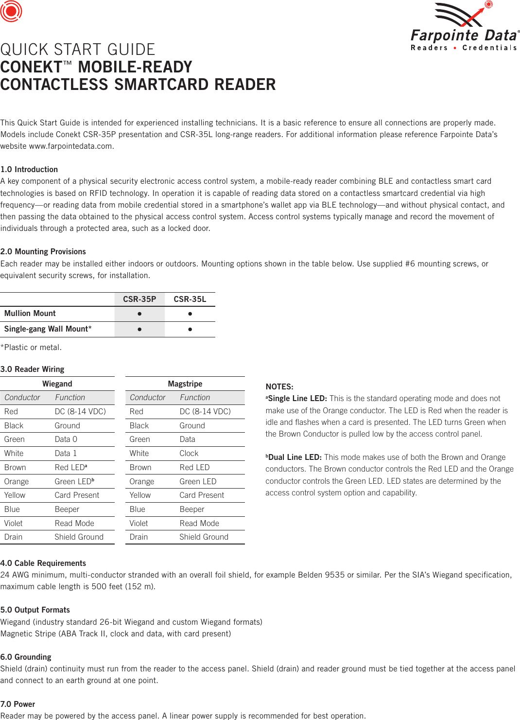 This Quick Start Guide is intended for experienced installing technicians. It is a basic reference to ensure all connections are properly made.Models include Conekt CSR-35P presentation and CSR-35L long-range readers. For additional information please reference Farpointe Data’s website www.farpointedata.com.1.0 IntroductionA key component of a physical security electronic access control system, a mobile-ready reader combining BLE and contactless smart card technologies is based on RFID technology. In operation it is capable of reading data stored on a contactless smartcard credential via high frequency—or reading data from mobile credential stored in a smartphone’s wallet app via BLE technology—and without physical contact, and then passing the data obtained to the physical access control system. Access control systems typically manage and record the movement of individuals through a protected area, such as a locked door.2.0 Mounting ProvisionsEach reader may be installed either indoors or outdoors. Mounting options shown in the table below. Use supplied #6 mounting screws, or equivalent security screws, for installation. CSR-35P CSR-35LMullion Mount • •Single-gang Wall Mount* • •*Plastic or metal.3.0 Reader WiringWiegand MagstripeConductor Function Conductor FunctionRed DC (8-14 VDC) Red DC (8-14 VDC)Black Ground Black GroundGreen Data 0 Green DataWhite Data 1 White ClockBrown Red LEDaBrown Red LEDOrange Green LEDbOrange Green LEDYellow Card Present Yellow Card PresentBlue Beeper Blue BeeperViolet Read Mode Violet Read ModeDrain Shield Ground Drain Shield Ground4.0 Cable Requirements24 AWG minimum, multi-conductor stranded with an overall foil shield, for example Belden 9535 or similar. Per the SIA’s Wiegand speciﬁcation, maximum cable length is 500 feet (152 m).5.0 Output FormatsWiegand (industry standard 26-bit Wiegand and custom Wiegand formats)Magnetic Stripe (ABA Track II, clock and data, with card present)6.0 GroundingShield (drain) continuity must run from the reader to the access panel. Shield (drain) and reader ground must be tied together at the access panel and connect to an earth ground at one point.7.0 PowerReader may be powered by the access panel. A linear power supply is recommended for best operation.NOTES:aSingle Line LED: This is the standard operating mode and does not make use of the Orange conductor. The LED is Red when the reader is idle and ﬂashes when a card is presented. The LED turns Green when the Brown Conductor is pulled low by the access control panel.bDual Line LED: This mode makes use of both the Brown and Orange conductors. The Brown conductor controls the Red LED and the Orange conductor controls the Green LED. LED states are determined by the access control system option and capability.QUICK START GUIDECONEKT™ MOBILE-READY  CONTACTLESS SMARTCARD READER