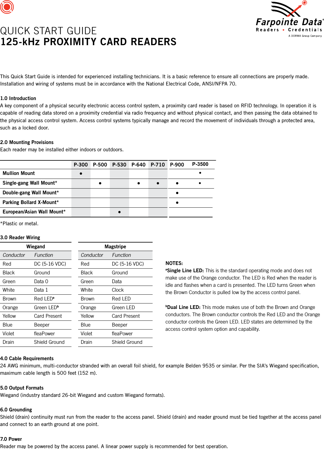 This Quick Start Guide is intended for experienced installing technicians. It is a basic reference to ensure all connections are properly made. Installation and wiring of systems must be in accordance with the National Electrical Code, ANSI/NFPA 70.1.0 IntroductionA key component of a physical security electronic access control system, a proximity card reader is based on RFID technology. In operation it is capable of reading data stored on a proximity credential via radio frequency and without physical contact, and then passing the data obtained to the physical access control system. Access control systems typically manage and record the movement of individuals through a protected area, such as a locked door.2.0 Mounting ProvisionsEach reader may be installed either indoors or outdoors.P-300 P-500 P-530 P-640 P-710 P-900Mullion Mount •Single-gang Wall Mount* • • • •Double-gang Wall Mount* •Parking Bollard X-Mount* •European/Asian Wall Mount* •*Plastic or metal.3.0 Reader WiringWiegand MagstripeConductor Function Conductor FunctionRed DC (5-16 VDC) Red DC (5-16 VDC)Black Ground Black GroundGreen Data 0 Green DataWhite Data 1 White ClockBrown Red LEDaBrown Red LEDOrange Green LEDbOrange Green LEDYellow Card Present Yellow Card PresentBlue Beeper Blue BeeperViolet ﬂeaPower Violet ﬂeaPowerDrain Shield Ground Drain Shield Ground4.0 Cable Requirements24 AWG minimum, multi-conductor stranded with an overall foil shield, for example Belden 9535 or similar. Per the SIA’s Wiegand speciﬁcation, maximum cable length is 500 feet (152 m).5.0 Output FormatsWiegand (industry standard 26-bit Wiegand and custom Wiegand formats).6.0 GroundingShield (drain) continuity must run from the reader to the access panel. Shield (drain) and reader ground must be tied together at the access panel and connect to an earth ground at one point.7.0 PowerReader may be powered by the access panel. A linear power supply is recommended for best operation. NOTES:aSingle Line LED: This is the standard operating mode and does not make use of the Orange conductor. The LED is Red when the reader is idle and ﬂashes when a card is presented. The LED turns Green when the Brown Conductor is pulled low by the access control panel.bDual Line LED: This mode makes use of both the Brown and Orange conductors. The Brown conductor controls the Red LED and the Orange conductor controls the Green LED. LED states are determined by the access control system option and capability.QUICK START GUIDE125-kHz PROXIMITy CARD READERSP-3500••