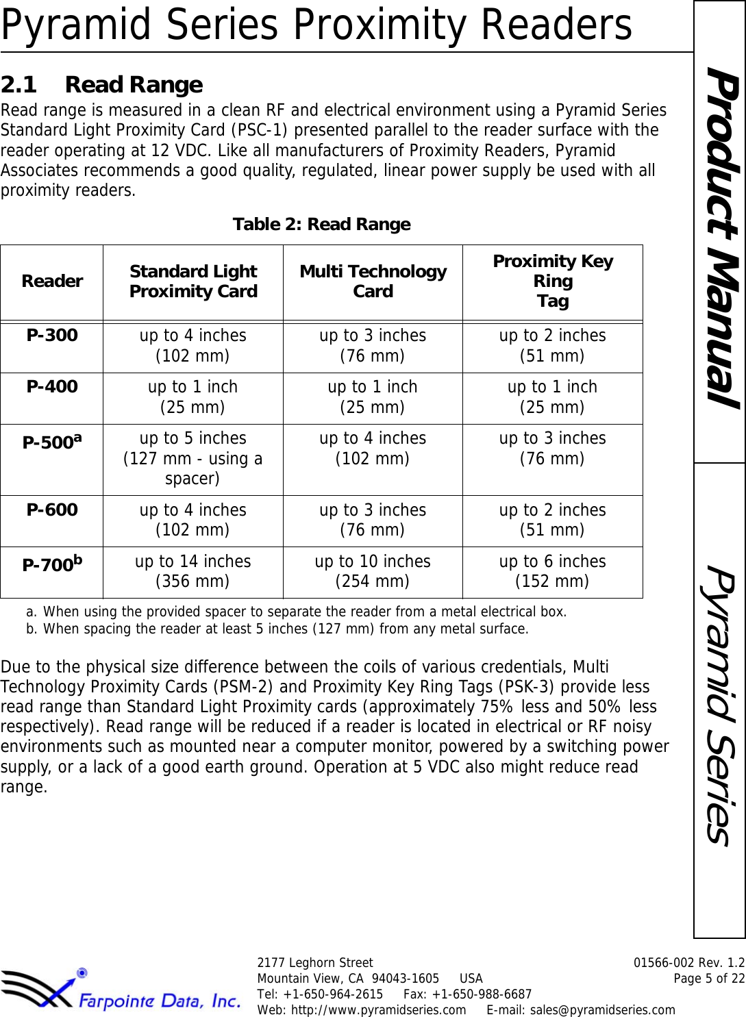 Pyramid Series Proximity Readers2177 Leghorn Street  01566-002 Rev. 1.2Mountain View, CA  94043-1605     USA Page 5 of 22Tel: +1-650-964-2615     Fax: +1-650-988-6687 Web: http://www.pyramidseries.com     E-mail: sales@pyramidseries.comPyramid SeriesProduct Manual2.1 Read RangeRead range is measured in a clean RF and electrical environment using a Pyramid Series Standard Light Proximity Card (PSC-1) presented parallel to the reader surface with the reader operating at 12 VDC. Like all manufacturers of Proximity Readers, Pyramid Associates recommends a good quality, regulated, linear power supply be used with all proximity readers.Due to the physical size difference between the coils of various credentials, Multi Technology Proximity Cards (PSM-2) and Proximity Key Ring Tags (PSK-3) provide less read range than Standard Light Proximity cards (approximately 75% less and 50% less respectively). Read range will be reduced if a reader is located in electrical or RF noisy environments such as mounted near a computer monitor, powered by a switching power supply, or a lack of a good earth ground. Operation at 5 VDC also might reduce read range.Table 2: Read RangeReader Standard Light Proximity Card Multi Technology CardProximity Key Ring TagP-300 up to 4 inches (102 mm) up to 3 inches (76 mm) up to 2 inches (51 mm)P-400 up to 1 inch (25 mm) up to 1 inch (25 mm) up to 1 inch (25 mm)P-500aa. When using the provided spacer to separate the reader from a metal electrical box.up to 5 inches (127 mm - using a spacer)up to 4 inches (102 mm) up to 3 inches (76 mm)P-600 up to 4 inches (102 mm) up to 3 inches (76 mm) up to 2 inches (51 mm)P-700bb. When spacing the reader at least 5 inches (127 mm) from any metal surface.up to 14 inches (356 mm) up to 10 inches (254 mm) up to 6 inches (152 mm)