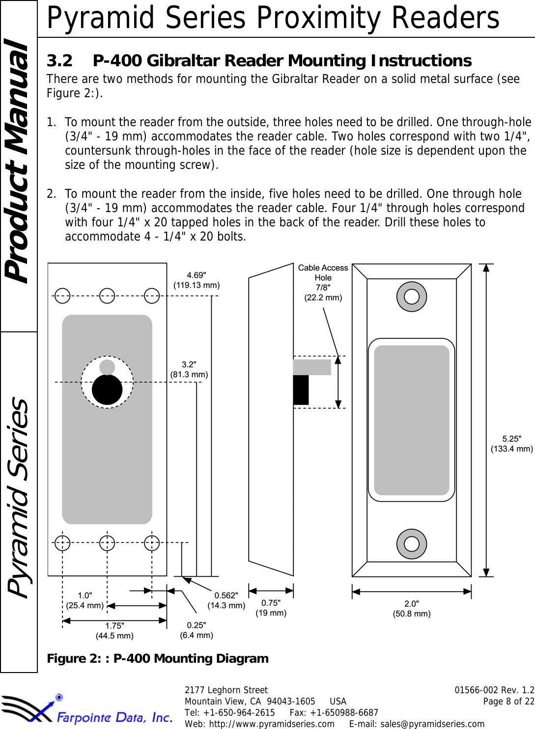 Pyramid Series Proximity Readers2177 Leghorn Street 01566-002 Rev. 1.2Mountain View, CA  94043-1605     USA Page 8 of 22Tel: +1-650-964-2615     Fax: +1-650988-6687 Web: http://www.pyramidseries.com     E-mail: sales@pyramidseries.comProduct ManualPyramid Series3.2 P-400 Gibraltar Reader Mounting InstructionsThere are two methods for mounting the Gibraltar Reader on a solid metal surface (see Figure 2:).1. To mount the reader from the outside, three holes need to be drilled. One through-hole (3/4&quot; - 19 mm) accommodates the reader cable. Two holes correspond with two 1/4&quot;, countersunk through-holes in the face of the reader (hole size is dependent upon the size of the mounting screw).2. To mount the reader from the inside, five holes need to be drilled. One through hole (3/4&quot; - 19 mm) accommodates the reader cable. Four 1/4&quot; through holes correspond with four 1/4&quot; x 20 tapped holes in the back of the reader. Drill these holes to accommodate 4 - 1/4&quot; x 20 bolts.Figure 2: : P-400 Mounting Diagram