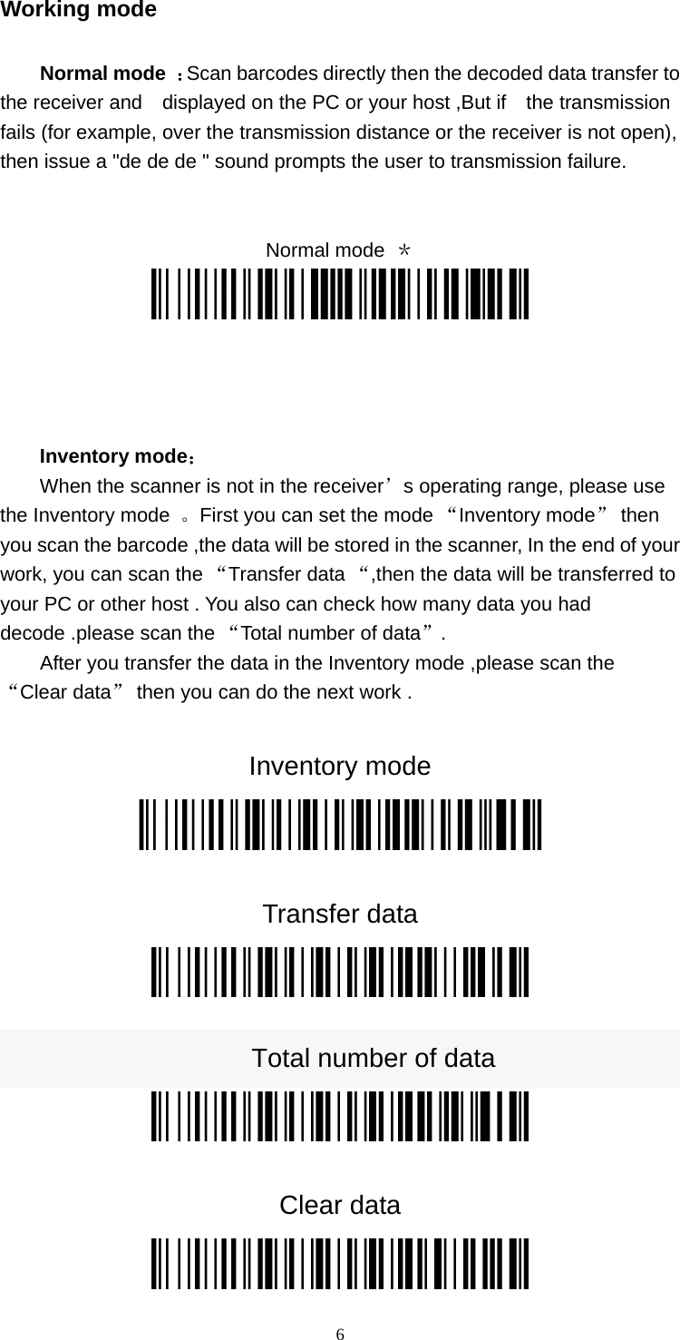  6Working mode   Normal mode  ：Scan barcodes directly then the decoded data transfer to the receiver and    displayed on the PC or your host ,But if    the transmission fails (for example, over the transmission distance or the receiver is not open), then issue a &quot;de de de &quot; sound prompts the user to transmission failure.   Normal mode  ＊      Inventory mode： When the scanner is not in the receiver’s operating range, please use the Inventory mode  。First you can set the mode “Inventory mode” then you scan the barcode ,the data will be stored in the scanner, In the end of your work, you can scan the “Transfer data “,then the data will be transferred to your PC or other host . You also can check how many data you had decode .please scan the “Total number of data”. After you transfer the data in the Inventory mode ,please scan the “Clear data” then you can do the next work .  Inventory mode     Transfer data    Total number of data   Clear data  