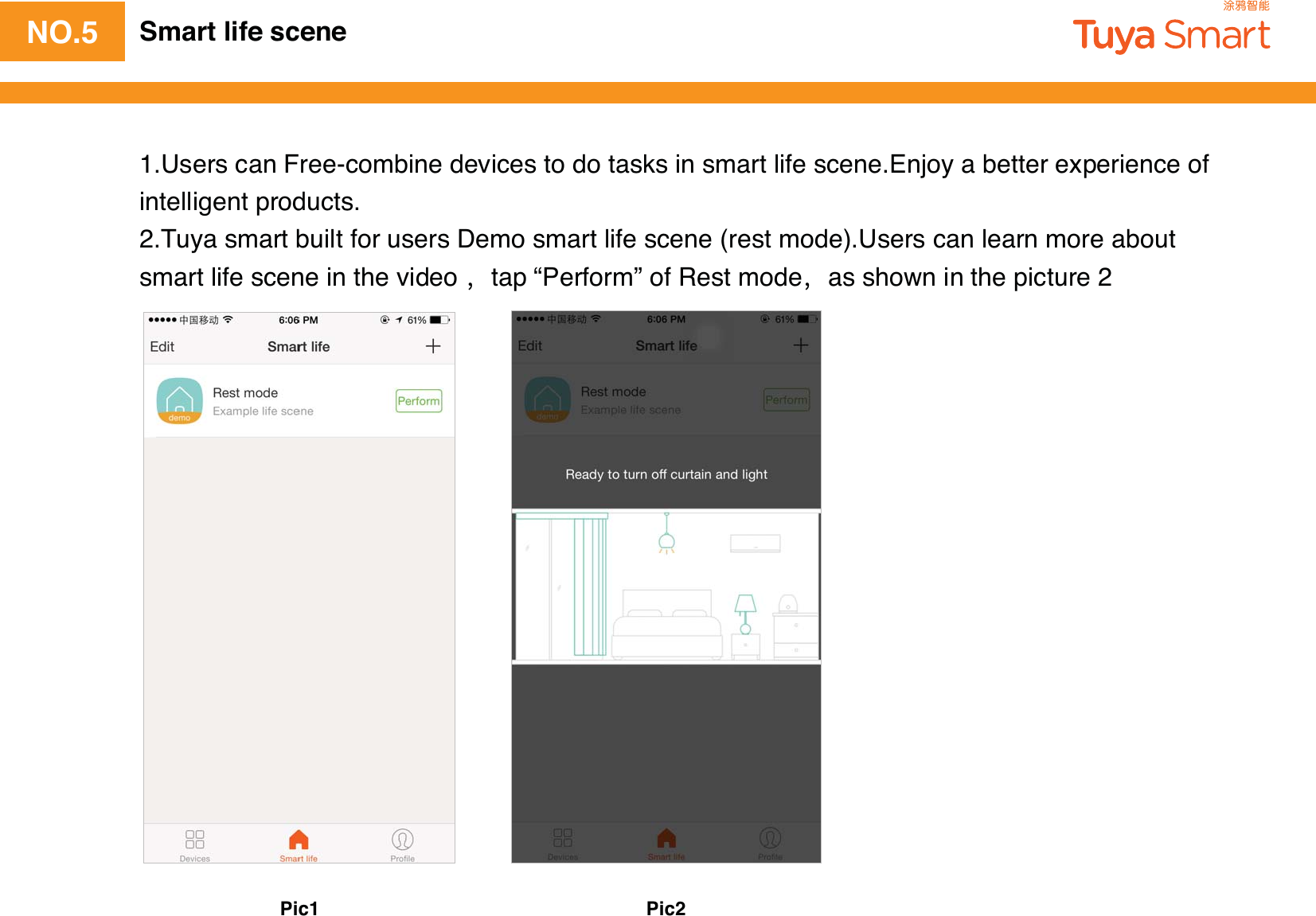 NO.5 Smart life scene1.Users can Free-combine devices to do tasks in smart life scene.Enjoy a better experience of intelligent products.2.Tuya smart built for users Demo smart life scene (rest mode).Users can learn more about smart life scene in the video tap “Perform” of Rest modeas shown in the picture 2Pic1 Pic2