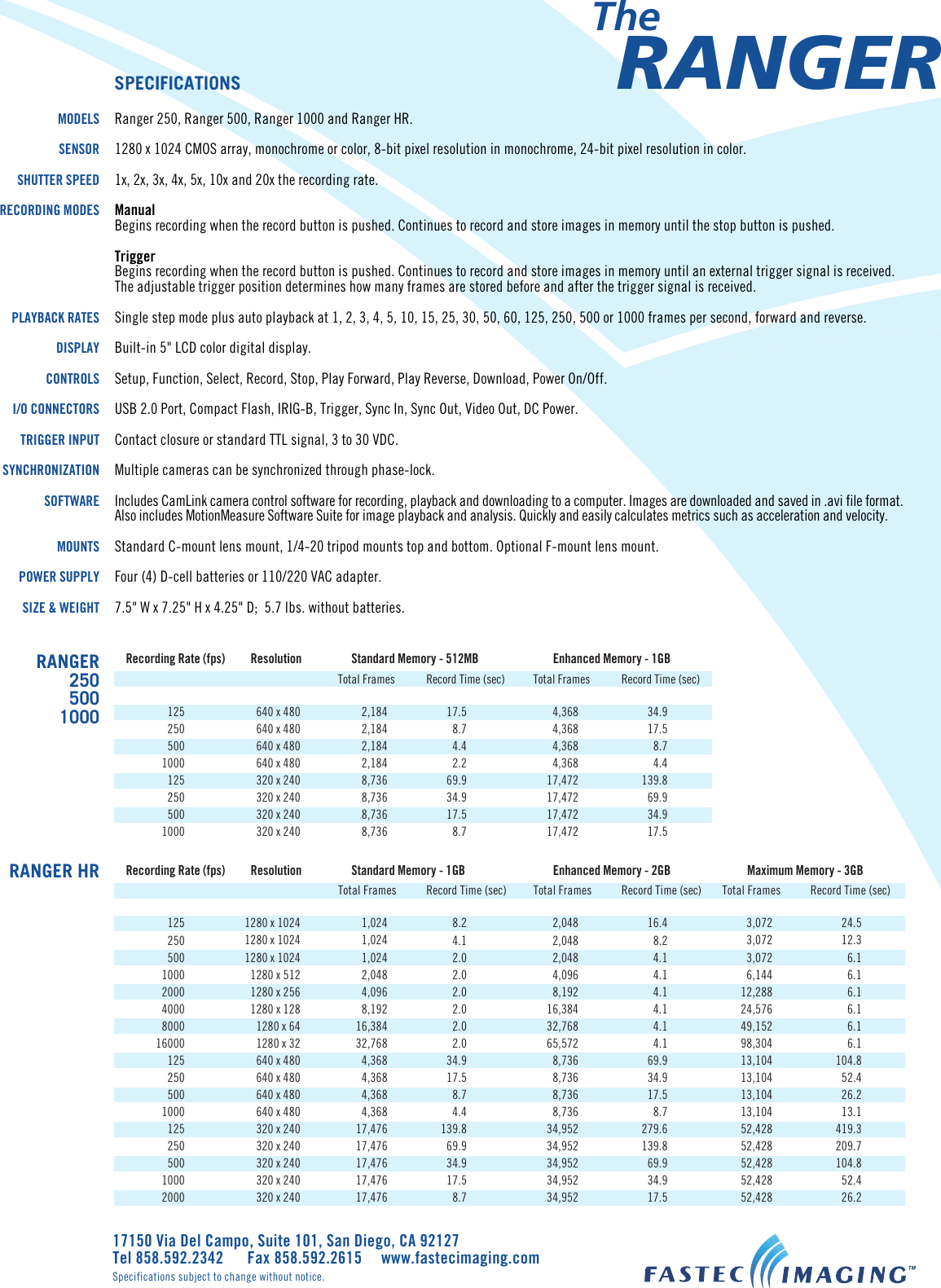 Page 2 of 2 - Fastec-Imaging Fastec-Imaging-Ranger-1000-Users-Manual- Ranger_Datasheet__Front  Fastec-imaging-ranger-1000-users-manual