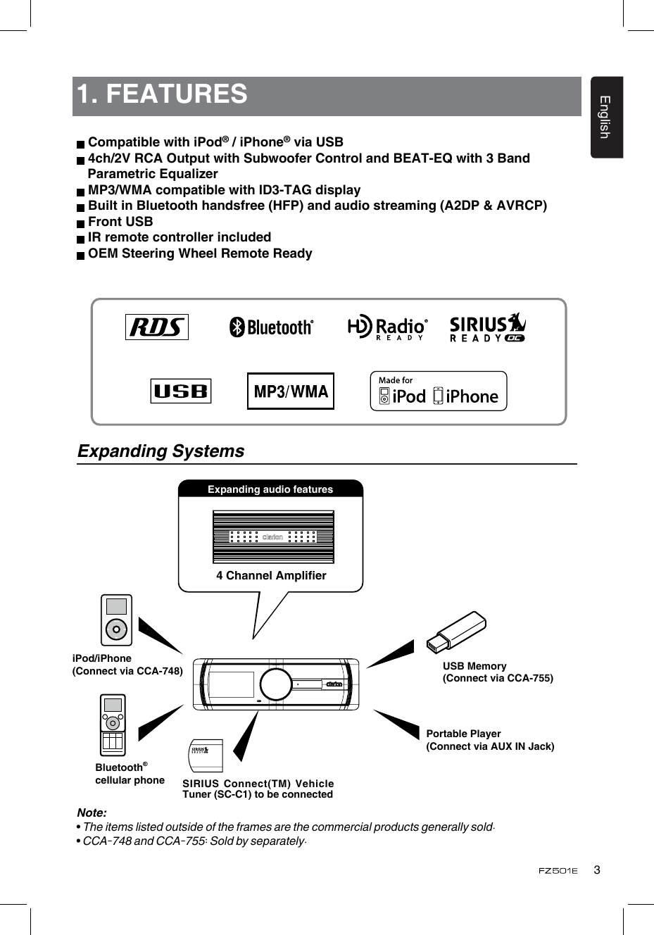 3English1. FEATURES Compatible with iPod® / iPhone® via USB 4ch/2V RCA Output with Subwoofer Control and BEAT-EQ with 3 Band    Parametric Equalizer MP3/WMA compatible with ID3-TAG display Built in Bluetooth handsfree (HFP) and audio streaming (A2DP &amp; AVRCP) Front USB IR remote controller included OEM Steering Wheel Remote ReadyExpanding Systems4 Channel AmplierPortable Player(Connect via AUX IN Jack)USB Memory(Connect via CCA-755)iPod/iPhone(Connect via CCA-748)Bluetooth®cellular phoneExpanding audio featuresNote:• The items listed outside of the frames are the commercial products generally sold.• CCA-748 and CCA-755: Sold by separately.SIRIUS Connect(TM) Vehicle Tuner (SC-C1) to be connected