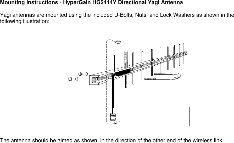 Mounting Instructions - HyperGain HG2414Y Directional Yagi AntennaYagi antennas are mounted using the included U-Bolts, Nuts, and Lock Washers as shown in thefollowing illustration:The antenna should be aimed as shown, in the direction of the other end of the wireless link.