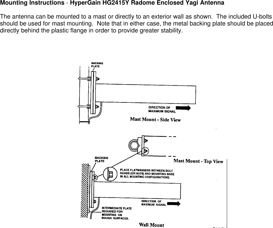 Mounting Instructions - HyperGain HG2415Y Radome Enclosed Yagi AntennaThe antenna can be mounted to a mast or directly to an exterior wall as shown.  The included U-boltsshould be used for mast mounting.  Note that in either case, the metal backing plate should be placeddirectly behind the plastic flange in order to provide greater stability.