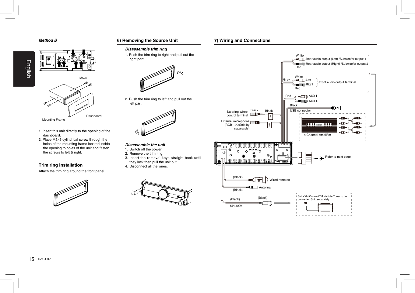 15EnglishM502Method B 6) Removing the Source UnitMounting FrameDashboardM5x61. Insert this unit directly to the opening of the dashboard.2. Place M5×6 cylindrical screw through the holes of the mounting frame located inside the opening to holes of the unit and fasten the screws to left &amp; right.Trim ring installationAttach the trim ring around the front panel.                        Disassemble trim ring1. Push the trim ring to right and pull out the right part.                2. Push the trim ring to left and pull out the left part.         Disassemble the unit1.  Switch off the power.2.  Remove the trim ring.3.  Insert the removal keys straight back until they lock,then pull the unit out.4.  Disconnect all the wires.7) Wiring and ConnectionsRefer to next pageAntennaWired remotes(Black)(Black)Front audio output terminal BlackGrayRedWhiteUSB connectorWhiteLeftAUX LAUX RRightRedRedExternal microphone(RCB-199:Sold by separately)Rear audio output (Left) /Subwoofer output 1Rear audio output (Right) /Subwoofer output 2SWC4 Channel AmplierBlackBlackSteering wheel control terminalMIC(Black) (Black)SiriusXMSiriusXM ConnectTM Vehicle Tuner to be connected:Sold separately