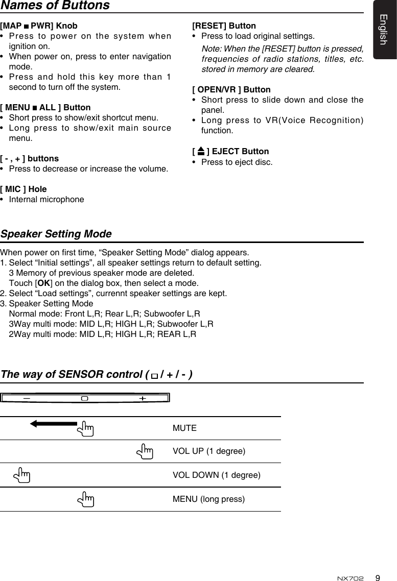 9EnglishNX702Names of Buttons[MAP   PWR] Knob• Presstopoweronthesystemwhenignition on.• Whenpoweron,presstoenternavigationmode.• Pressandholdthiskeymorethan1second to turn off the system.[ MENU   ALL ] Button• Shortpresstoshow/exitshortcutmenu.• Longpresstoshow/exitmainsourcemenu.[-,+]buttons• Presstodecreaseorincreasethevolume.[ MIC ] Hole• InternalmicrophoneThe way of SENSOR control (  /+/-)             MUTE                                                          VOL UP (1 degree)      VOL DOWN (1 degree)MENU (long press)Speaker Setting ModeWhenpoweronrsttime,“SpeakerSettingMode”dialogappears.1.  Select “Initial settings”, all speaker settings return to default setting.   3 Memory of previous speaker mode are deleted.   Touch [OK] on the dialog box, then select a mode.2.  Select “Load settings”, currennt speaker settings are kept.3. Speaker Setting Mode Normalmode:FrontL,R;RearL,R;SubwooferL,R 3Waymultimode:MIDL,R;HIGHL,R;SubwooferL,R 2Waymultimode:MIDL,R;HIGHL,R;REARL,R[RESET] Button• Presstoloadoriginalsettings.   Note: When the [RESET] button is pressed, frequencies of  radio stations, titles, etc. stored in memory are cleared.[ OPEN/vR ] Button• Shortpresstoslidedownandclosethepanel.• LongpresstoVR(VoiceRecognition)function.[   ] EJECT Button• Presstoejectdisc.