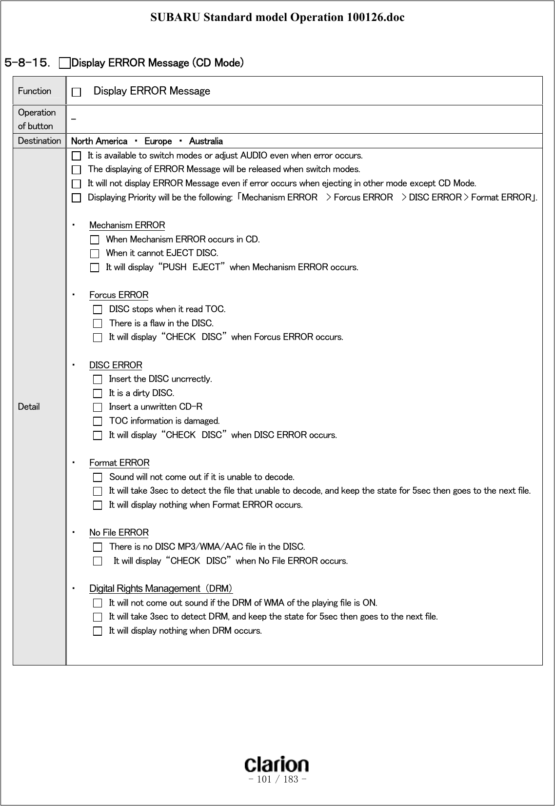 SUBARU Standard model Operation 100126.doc   - 101 / 183 -   ５-８-１５．  Display ERROR Message (CD Mode)   Function    Display ERROR Message Operation of button  - Destination  North America  ・  Europe  ・  Australia Detail   It is available to switch modes or adjust AUDIO even when error occurs.   The displaying of ERROR Message will be released when switch modes.   It will not display ERROR Message even if error occurs when ejecting in other mode except CD Mode.   Displaying Priority will be the following:  「Mechanism ERROR    &gt; Forcus ERROR    &gt; DISC ERROR &gt; Format ERROR」.  ・  Mechanism ERROR   When Mechanism ERROR occurs in CD.   When it cannot EJECT DISC.     It will display  “PUSH  EJECT”  when Mechanism ERROR occurs.  ・  Forcus ERROR   DISC stops when it read TOC.   There is a flaw in the DISC.   It will display  “CHECK  DISC”  when Forcus ERROR occurs.  ・  DISC ERROR   Insert the DISC uncrrectly.   It is a dirty DISC.   Insert a unwritten CD-R   TOC information is damaged.   It will display  “CHECK  DISC”  when DISC ERROR occurs.    ・  Format ERROR   Sound will not come out if it is unable to decode.   It will take 3sec to detect the file that unable to decode, and keep the state for 5sec then goes to the next file.   It will display nothing when Format ERROR occurs.  ・  No File ERROR   There is no DISC MP3/WMA/AAC file in the DISC.     It will display  “CHECK  DISC”  when No File ERROR occurs.  ・  Digital Rights Management （DRM）   It will not come out sound if the DRM of WMA of the playing file is ON.   It will take 3sec to detect DRM, and keep the state for 5sec then goes to the next file.   It will display nothing when DRM occurs.   