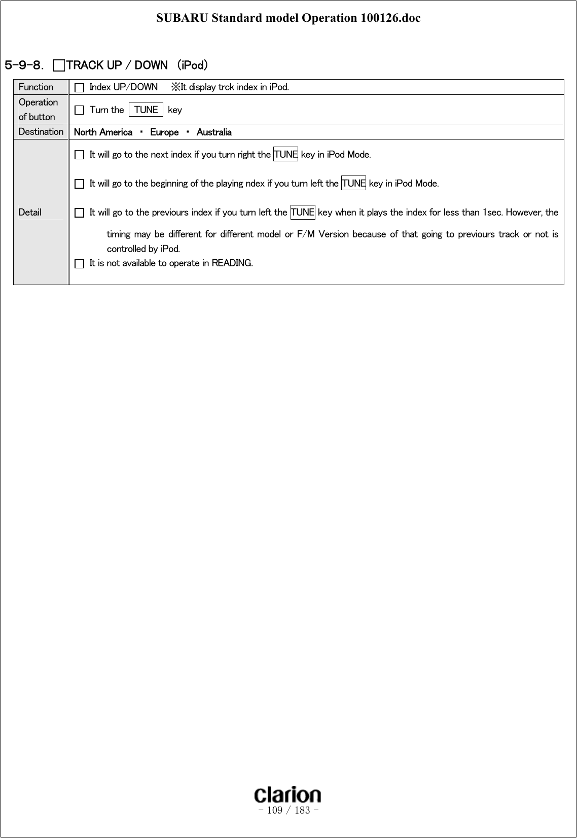 SUBARU Standard model Operation 100126.doc   - 109 / 183 -   ５-９-８．  TRACK UP / DOWN  （iPod） Function   Index UP/DOWN    ※It display trck index in iPod. Operation of button   Turn the  TUNE  key Destination  North America  ・  Europe  ・  Australia Detail   It will go to the next index if you turn right the TUNE key in iPod Mode.   It will go to the beginning of the playing ndex if you turn left the TUNE key in iPod Mode.   It will go to the previours index if you turn left the TUNE key when it plays the index for less than 1sec. However, the timing may be different for different model or F/M Version because  of  that  going  to previours  track or not  is controlled by iPod.     It is not available to operate in READING.    