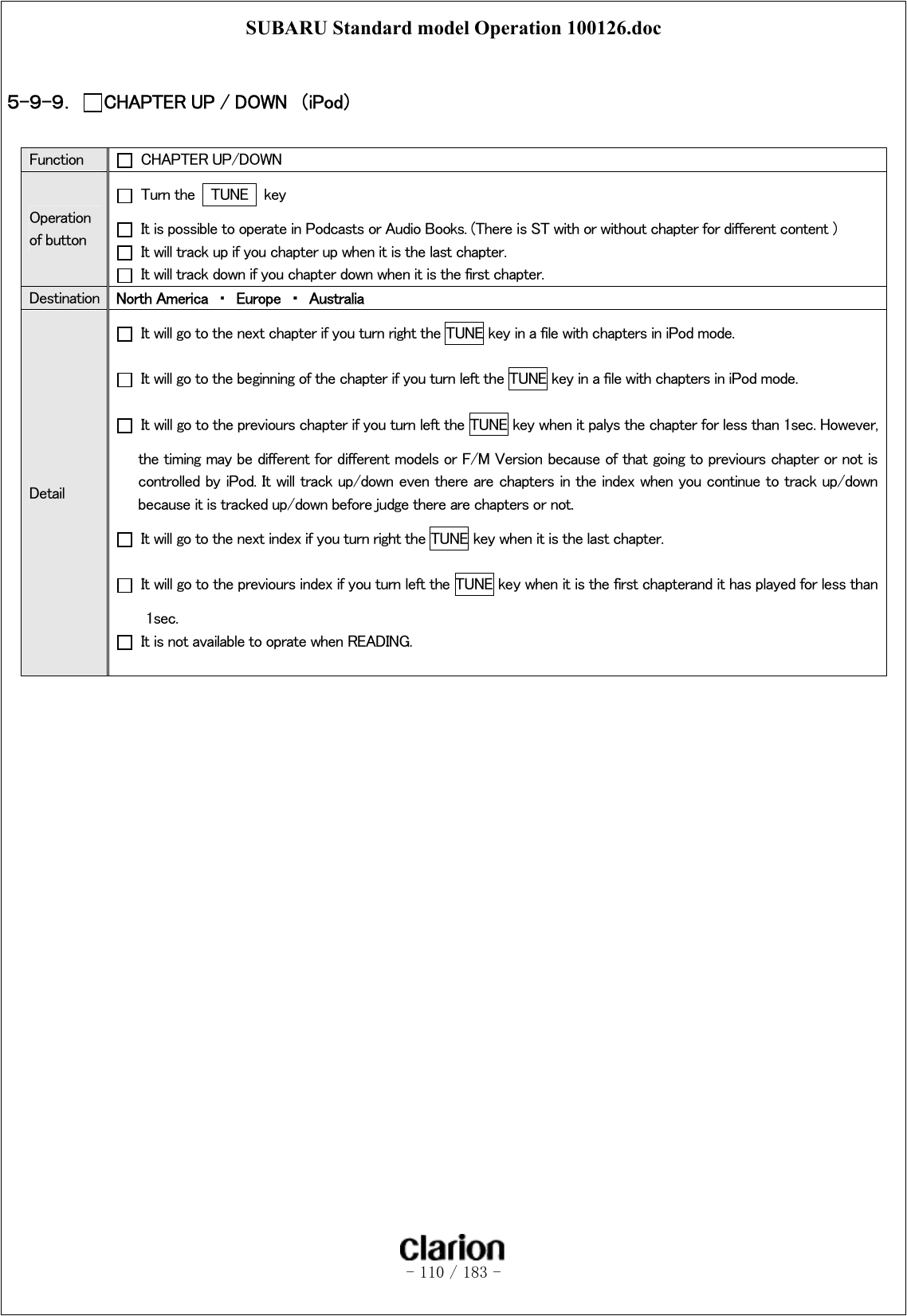 SUBARU Standard model Operation 100126.doc   - 110 / 183 -   ５-９-９．  CHAPTER UP / DOWN  （iPod）  Function    CHAPTER UP/DOWN Operation of button  Turn the  TUNE  key   It is possible to operate in Podcasts or Audio Books. (There is ST with or without chapter for different content )   It will track up if you chapter up when it is the last chapter.   It will track down if you chapter down when it is the first chapter. Destination  North America  ・  Europe  ・  Australia Detail   It will go to the next chapter if you turn right the TUNE key in a file with chapters in iPod mode.   It will go to the beginning of the chapter if you turn left the TUNE key in a file with chapters in iPod mode.   It will go to the previours chapter if you turn left the TUNE key when it palys the chapter for less than 1sec. However, the timing may be different for different models or F/M Version because of that going to previours chapter or not is controlled by iPod. It will track up/down even there are chapters in the index when you continue to track up/down because it is tracked up/down before judge there are chapters or not.   It will go to the next index if you turn right the TUNE key when it is the last chapter.     It will go to the previours index if you turn left the TUNE key when it is the first chapterand it has played for less than 1sec.   It is not available to oprate when READING.   