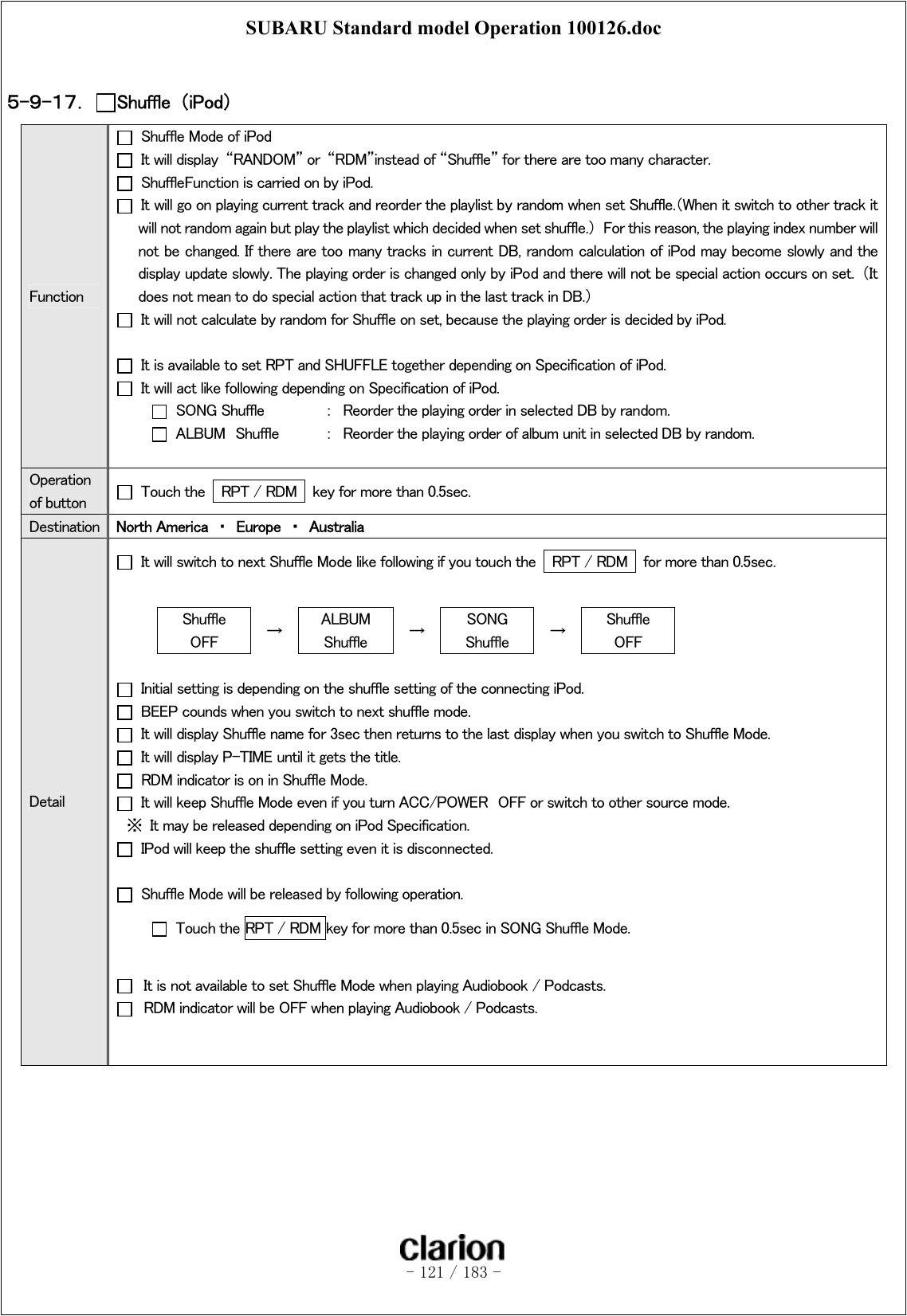 SUBARU Standard model Operation 100126.doc   - 121 / 183 -   ５-９-１７．  Shuffle  （iPod） Function   Shuffle Mode of iPod   It will display  “RANDOM” or  “RDM”instead of “Shuffle” for there are too many character.   ShuffleFunction is carried on by iPod.   It will go on playing current track and reorder the playlist by random when set Shuffle.（When it switch to other track it will not random again but play the playlist which decided when set shuffle.）  For this reason, the playing index number will not be changed. If there are too many tracks in current DB, random calculation of iPod may become slowly and the display update slowly. The playing order is changed only by iPod and there will not be special action occurs on set.  （It does not mean to do special action that track up in the last track in DB.）   It will not calculate by random for Shuffle on set, because the playing order is decided by iPod.    It is available to set RPT and SHUFFLE together depending on Specification of iPod.   It will act like following depending on Specification of iPod.   SONG Shuffle  ：  Reorder the playing order in selected DB by random.   ALBUM  Shuffle  ：  Reorder the playing order of album unit in selected DB by random.    Operation of button    Touch the    RPT / RDM   key for more than 0.5sec. Destination  North America  ・  Europe  ・  Australia Detail   It will switch to next Shuffle Mode like following if you touch the    RPT / RDM   for more than 0.5sec.  Shuffle OFF  →  ALBUM   Shuffle  →  SONG Shuffle  →  Shuffle OFF    Initial setting is depending on the shuffle setting of the connecting iPod.   BEEP counds when you switch to next shuffle mode.   It will display Shuffle name for 3sec then returns to the last display when you switch to Shuffle Mode.   It will display P-TIME until it gets the title.   RDM indicator is on in Shuffle Mode.   It will keep Shuffle Mode even if you turn ACC/POWER  OFF or switch to other source mode.   ※  It may be released depending on iPod Specification.   IPod will keep the shuffle setting even it is disconnected.    Shuffle Mode will be released by following operation.   Touch the RPT / RDM key for more than 0.5sec in SONG Shuffle Mode.    It is not available to set Shuffle Mode when playing Audiobook / Podcasts.   RDM indicator will be OFF when playing Audiobook / Podcasts.   