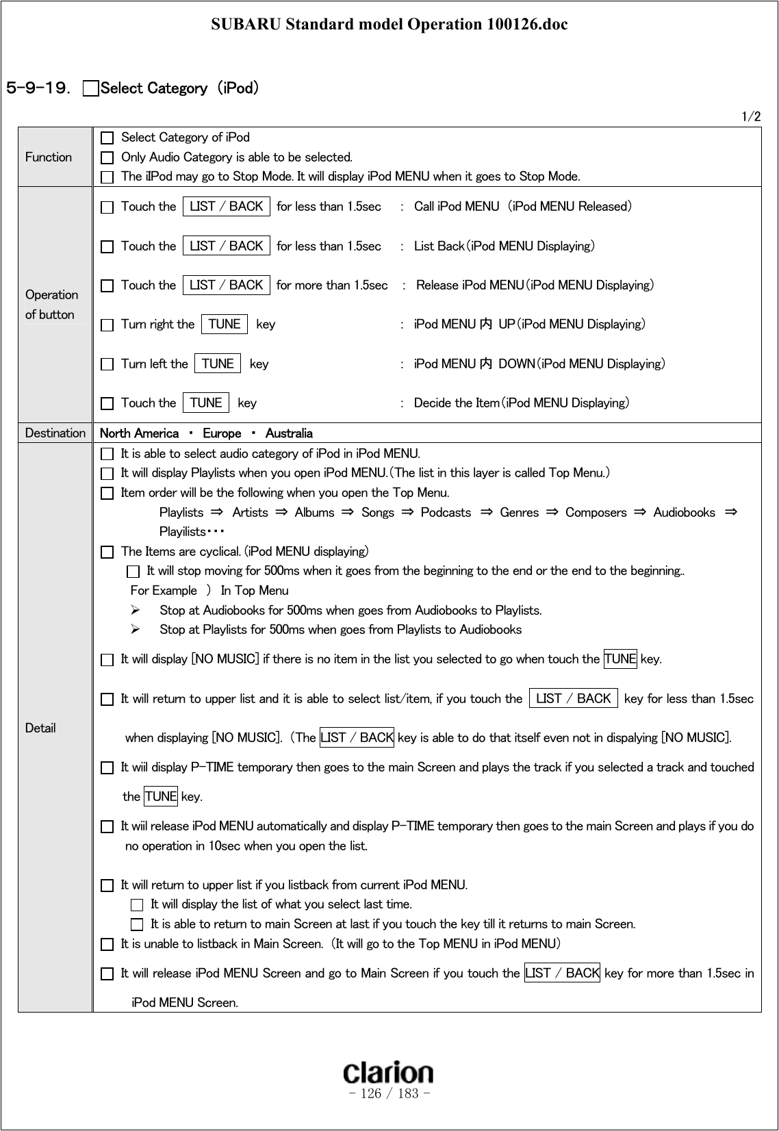 SUBARU Standard model Operation 100126.doc   - 126 / 183 -   ５-９-１９．  Select Category  （iPod） 1/2 Function   Select Category of iPod  Only Audio Category is able to be selected.   The iIPod may go to Stop Mode. It will display iPod MENU when it goes to Stop Mode.   Operation of button   Touch the    LIST / BACK    for less than 1.5sec  ：  Call iPod MENU  （iPod MENU Released）   Touch the    LIST / BACK    for less than 1.5sec  ：  List Back（iPod MENU Displaying）   Touch the    LIST / BACK    for more than 1.5sec    ：  Release iPod MENU（iPod MENU Displaying）   Turn right the    TUNE    key     ：  iPod MENU 内  UP（iPod MENU Displaying）   Turn left the    TUNE    key      ：  iPod MENU 内  DOWN（iPod MENU Displaying）   Touch the    TUNE    key      ：  Decide the Item（iPod MENU Displaying） Destination  North America  ・  Europe  ・  Australia Detail   It is able to select audio category of iPod in iPod MENU.   It will display Playlists when you open iPod MENU.（The list in this layer is called Top Menu.）   Item order will be the following when you open the Top Menu.   Playlists  ⇒  Artists  ⇒  Albums  ⇒  Songs  ⇒  Podcasts  ⇒  Genres  ⇒  Composers  ⇒  Audiobooks  ⇒     Playilists・・・   The Items are cyclical. (iPod MENU displaying)         It will stop moving for 500ms when it goes from the beginning to the end or the end to the beginning..     For Example ） In Top Menu   Stop at Audiobooks for 500ms when goes from Audiobooks to Playlists.   Stop at Playlists for 500ms when goes from Playlists to Audiobooks   It will display [NO MUSIC] if there is no item in the list you selected to go when touch the TUNE key.   It will return to upper list and it is able to select list/item, if you touch the    LIST / BACK    key for less than 1.5sec when displaying [NO MUSIC].  （The LIST / BACK key is able to do that itself even not in dispalying [NO MUSIC].   It wiil display P-TIME temporary then goes to the main Screen and plays the track if you selected a track and touched the TUNE key.   It wiil release iPod MENU automatically and display P-TIME temporary then goes to the main Screen and plays if you do no operation in 10sec when you open the list.      It will return to upper list if you listback from current iPod MENU.   It will display the list of what you select last time.   It is able to return to main Screen at last if you touch the key till it returns to main Screen.   It is unable to listback in Main Screen.  （It will go to the Top MENU in iPod MENU）   It will release iPod MENU Screen and go to Main Screen if you touch the LIST / BACK key for more than 1.5sec in iPod MENU Screen.   